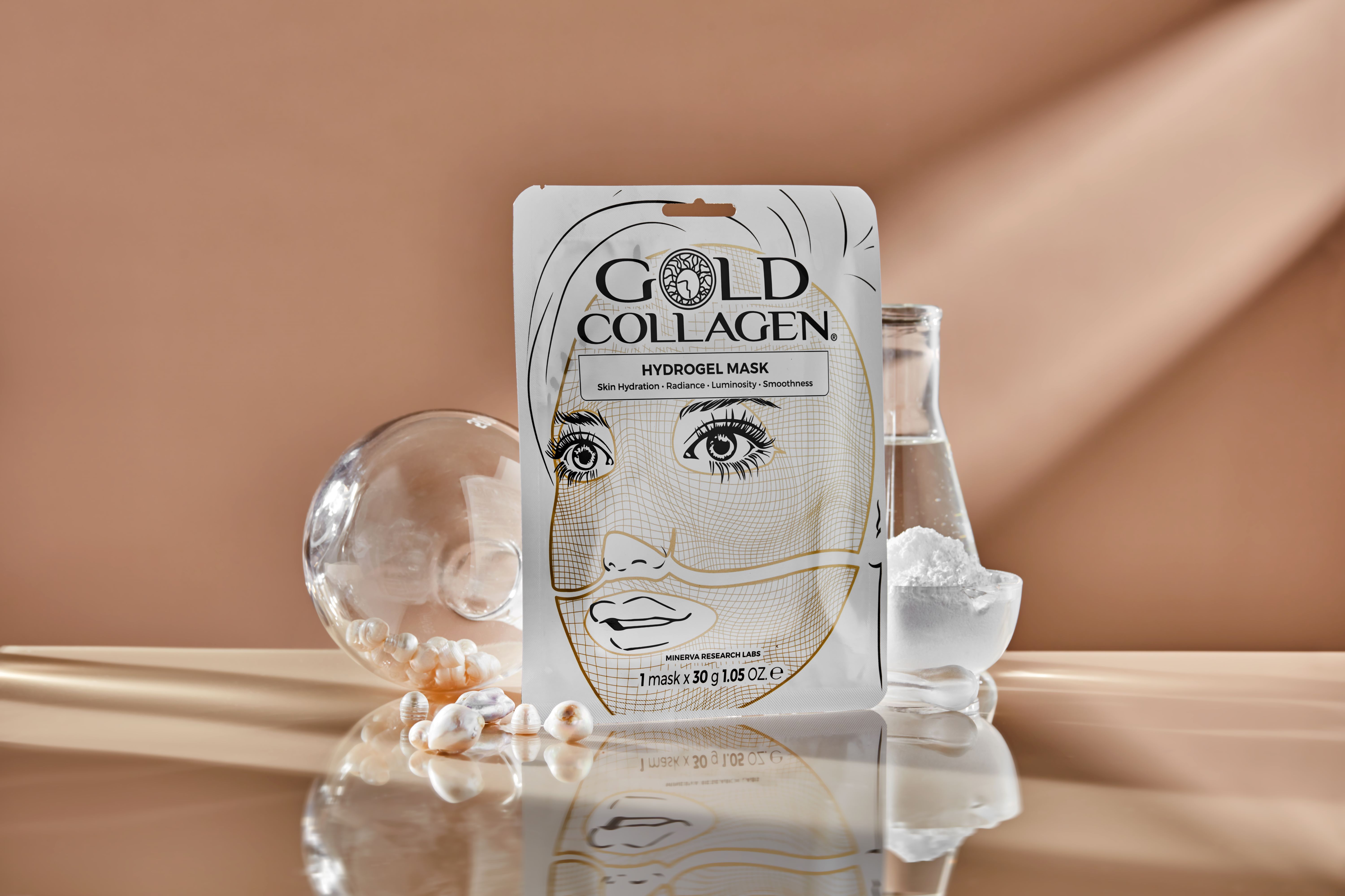 Gold Collagen Hydrogel Maske-Verpackung. Weißes Päckchen mit Gesichtsskizze. Text: Hydrogel Mask, 1 Maske, 30g.