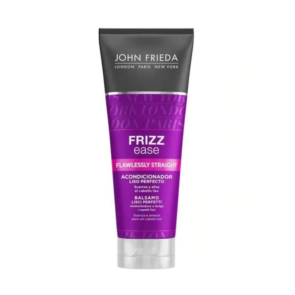 John Frieda Frizz Ease Conditioner Flawlessly Straight. Tube mit lila und rosa Etikett. Enthält Keratin und Jojobaöl.