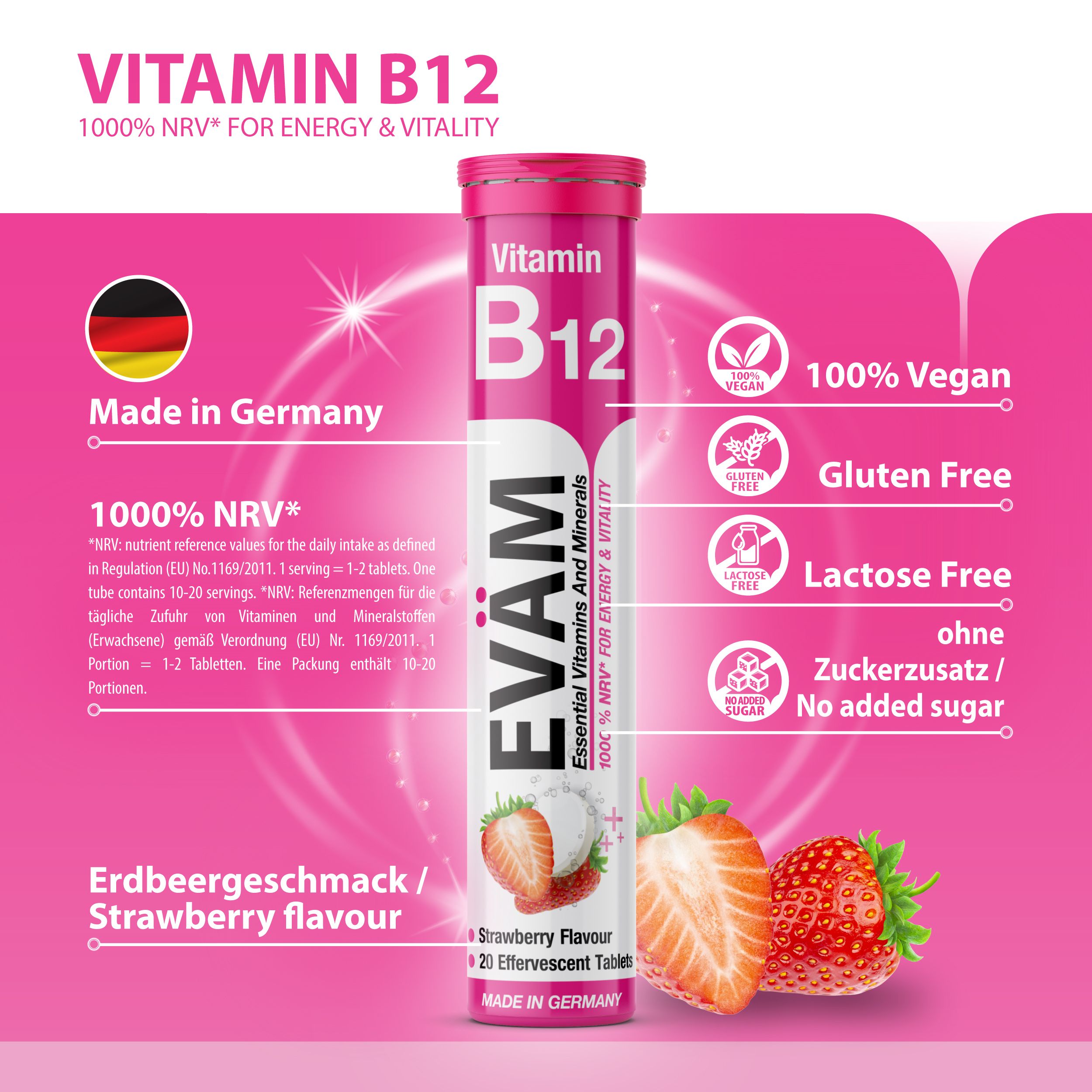 Tuben-Verpackung EVÄM Vitamin B12. Rosa Hintergrund, Produktabbildung, Informationen zu Inhaltsstoffen und Zertifizierungen: Vegan, Glutenfrei, Laktosefrei, ohne Zucker.