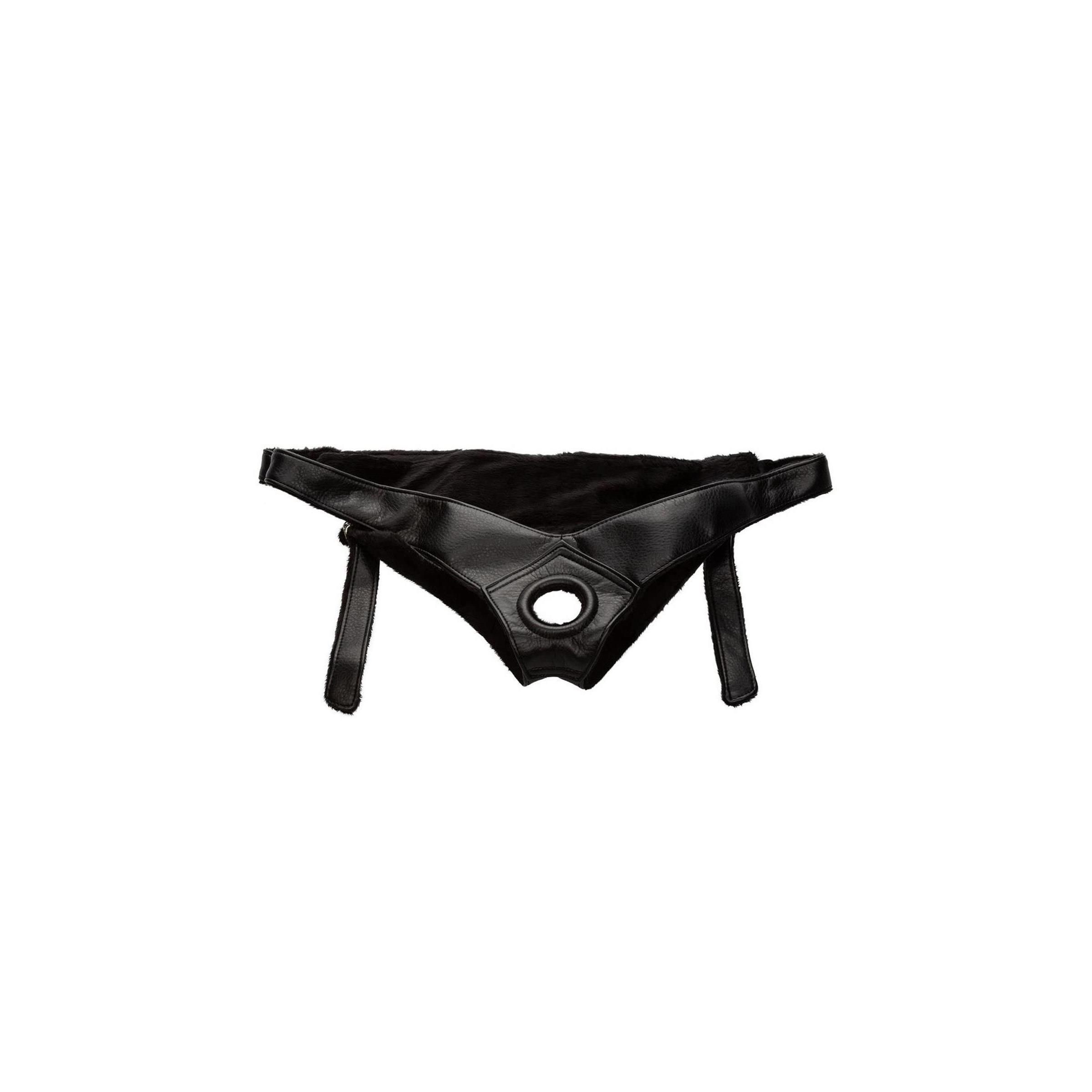 Schwarzer Harness mit Öffnung und Riemen. Material: Leder. Für den Intimbereich.