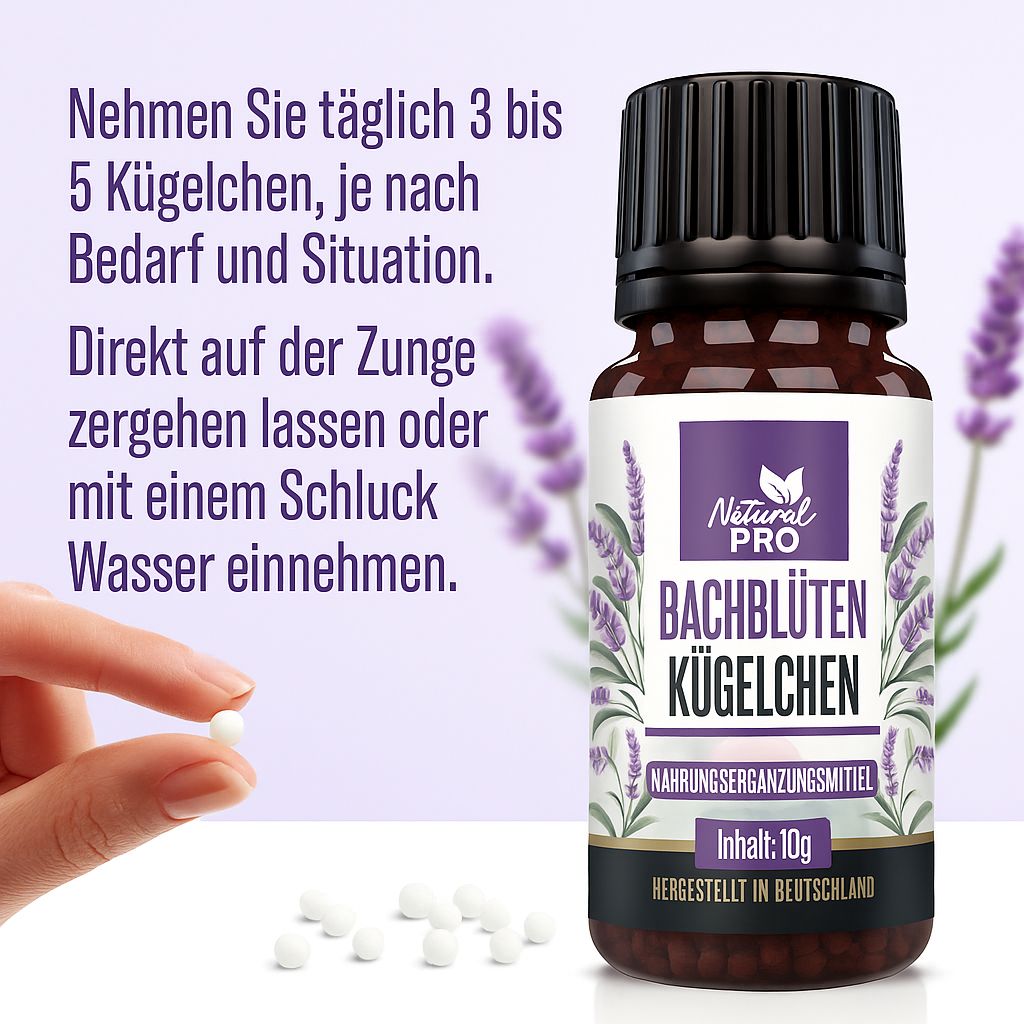 Braune Flasche mit schwarzem Deckel. Etikett mit Produktname und Lavendel-Illustration. Inhalt: 10g. Kügelchen und Hand.