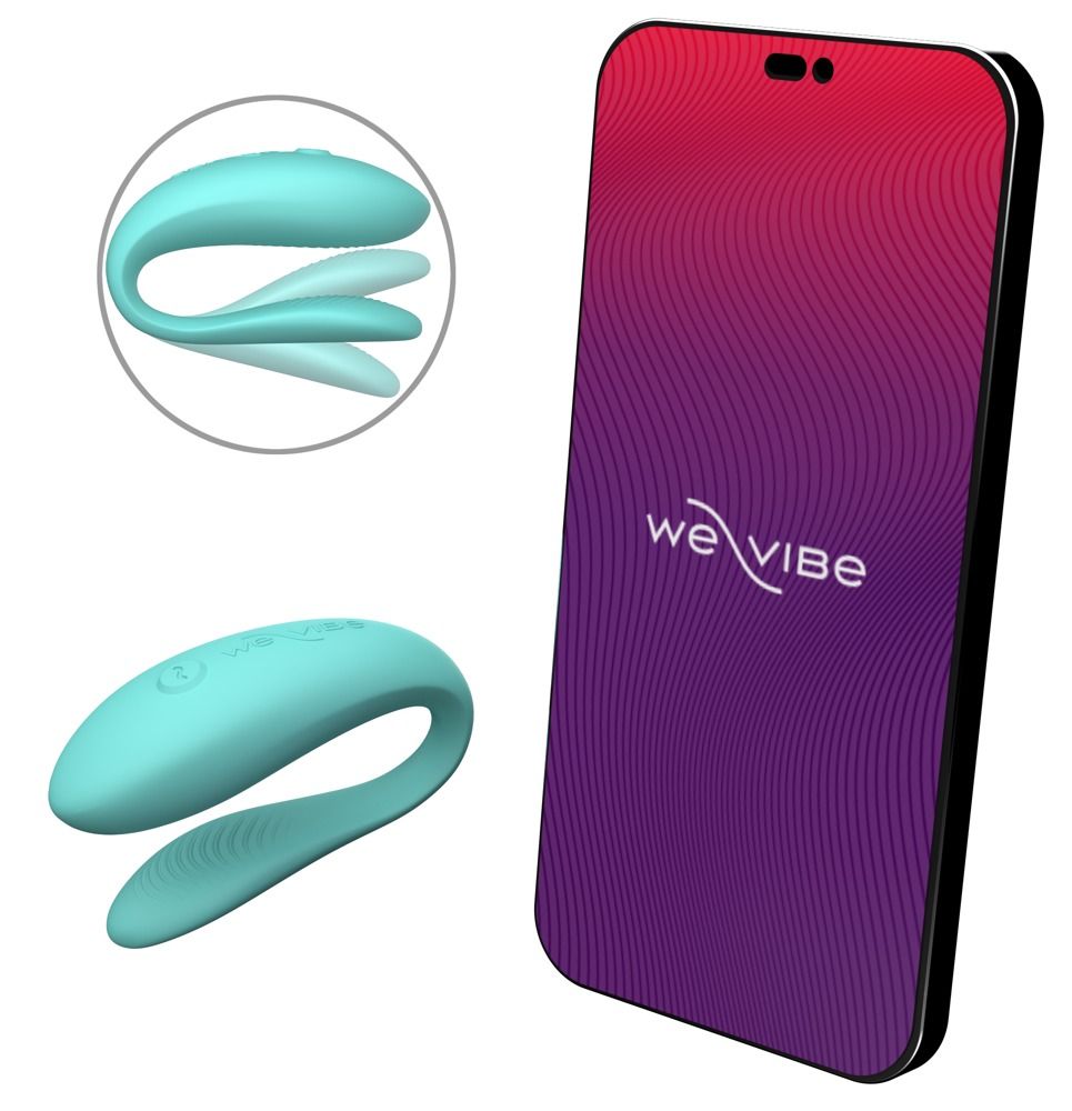 Türkisfarbenes Wellness-Produkt in U-Form neben Smartphone. Smartphone-Bildschirm mit "We-Vibe" Logo.