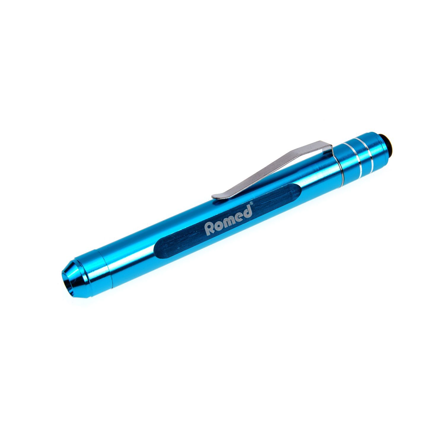 Blaue Romed Diagnostikleuchte Penlight deLuxe mit silbernem Clip, seitliche Ansicht.
