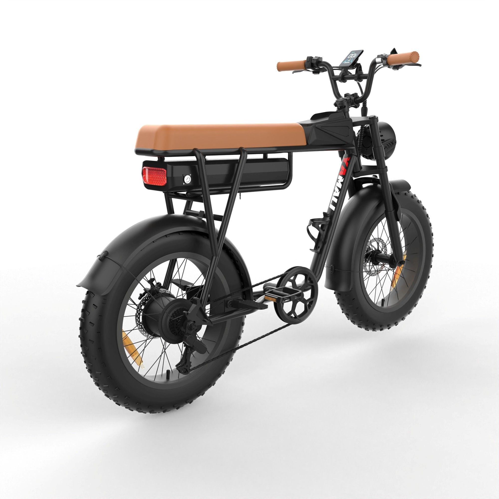 Schwarzes E-Bike mit braunem Sattel. Rücklicht, Gepäckträger und breite Reifen. YAMALI FXH-006.