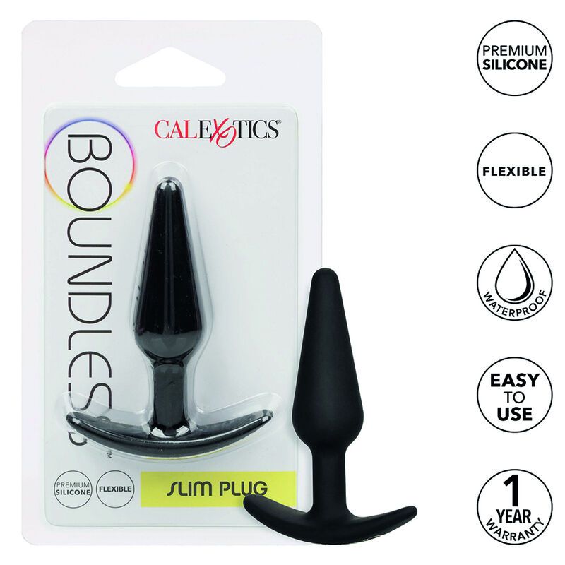 Schwarzer Analplug in Verpackung. Marke Calexotics. Merkmale: Premium-Silikon, flexibel, wasserdicht, einfach zu bedienen, 1 Jahr Garantie.