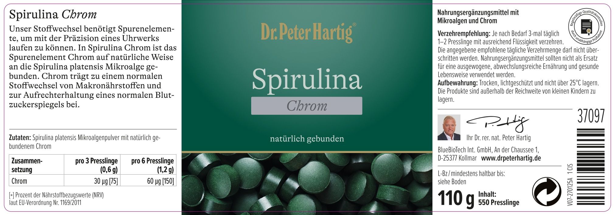 Etikett von Spirulina Chrom. Enthält Informationen zu Inhaltsstoffen, Dosierung und Hersteller. Grüne Tabletten.