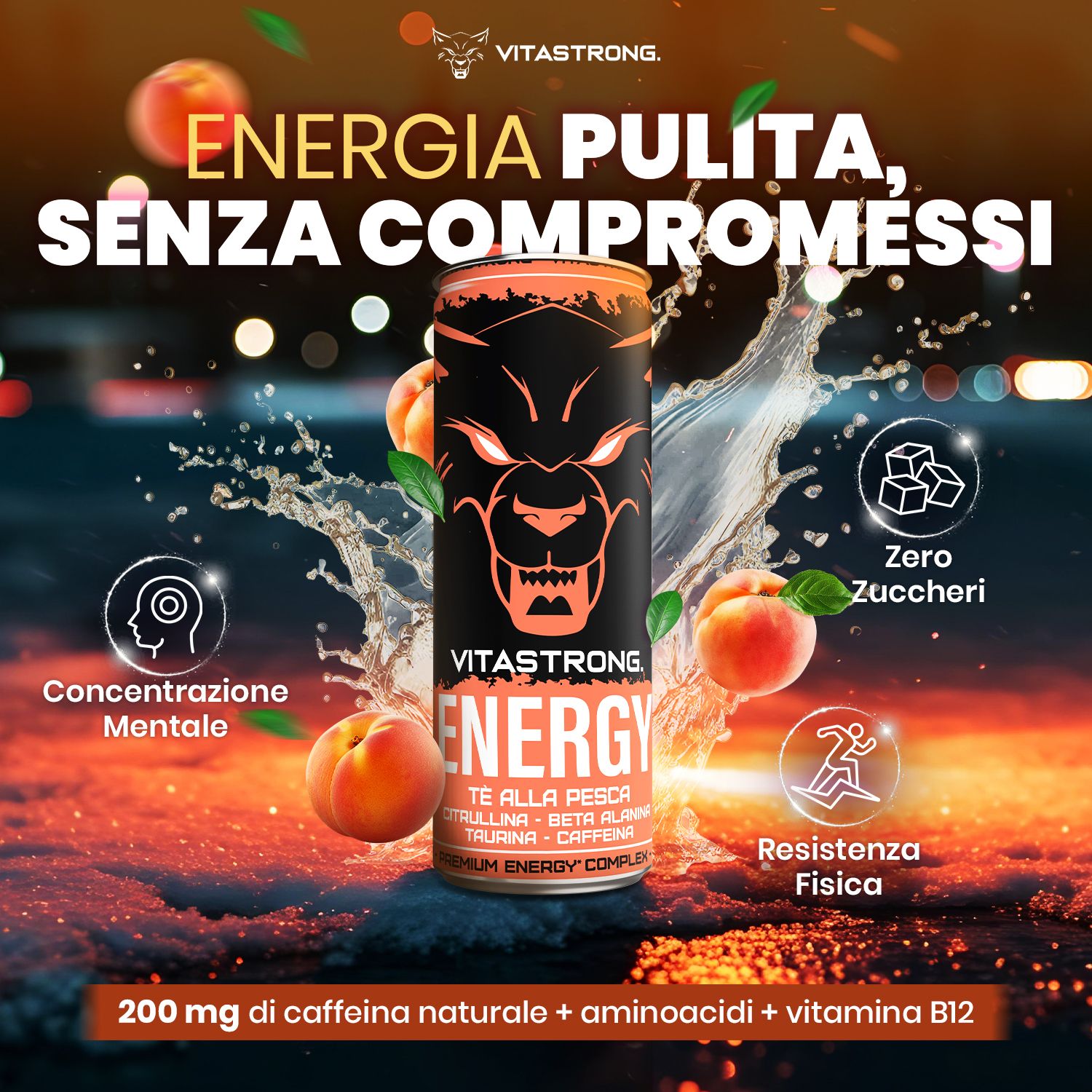 Vitastrong Energy Peach Tea Dose mit Pfirsichen und Wasser. Text: Energie, Konzentration, Ausdauer, ohne Zucker.