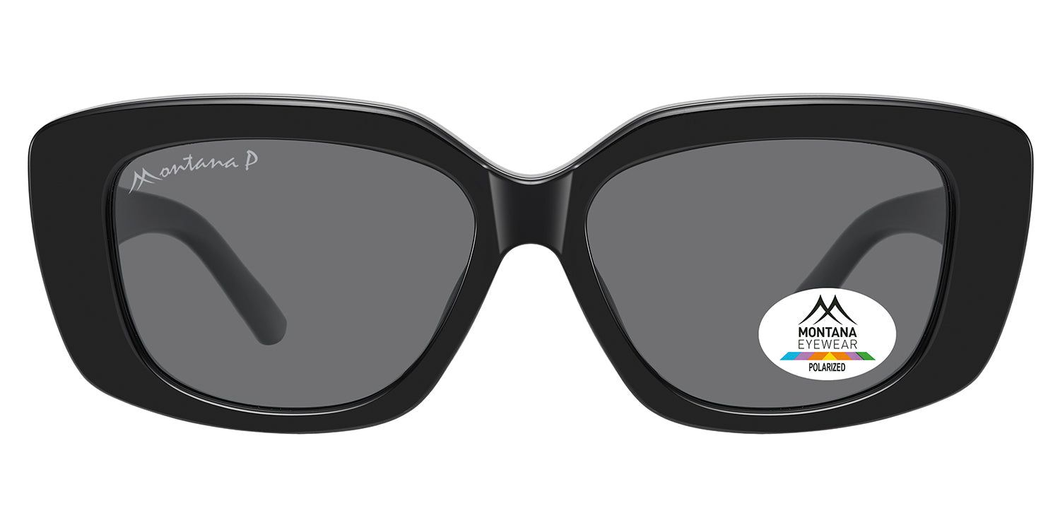 Schwarze Sonnenbrille mit rechteckigem Rahmen. Montana Eyewear Logo auf dem Bügel und Gläsern. Polarisiert.