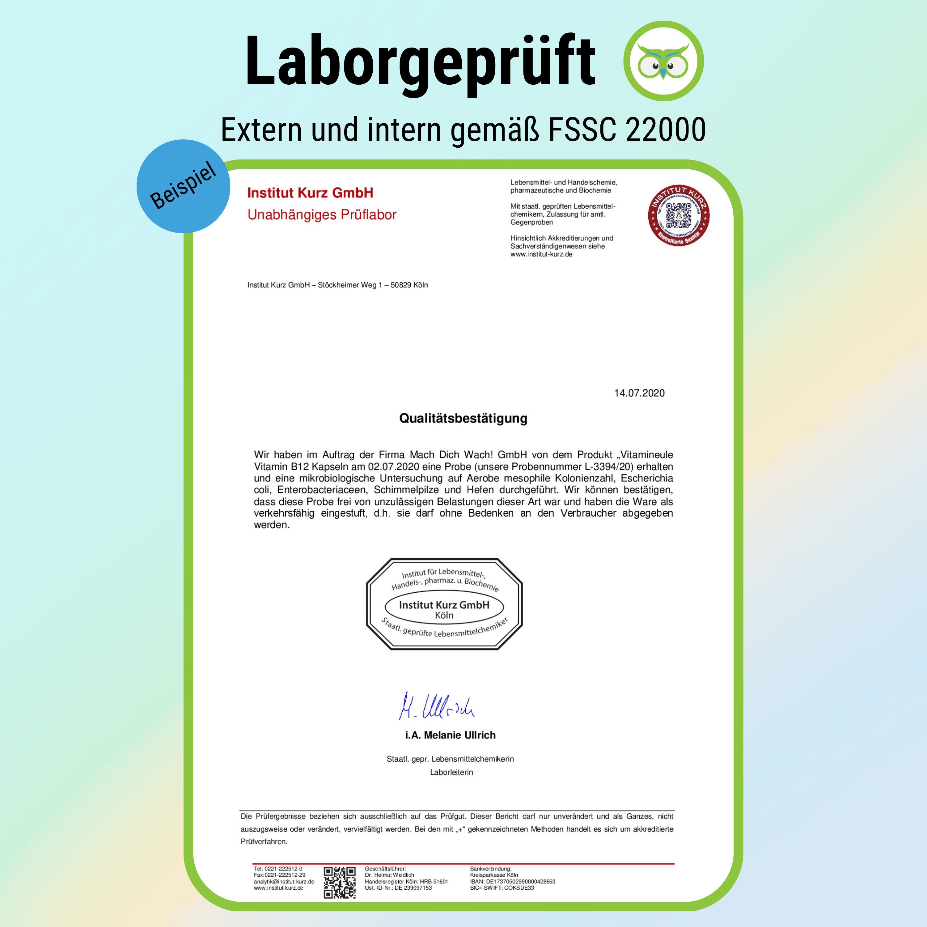 Zertifizierungsdokument. FSSC 22000. Beispiel eines unabhängigen Prüflabors. Enthält Informationen über die Qualitätsbestätigung der Vitamin B12 Kapseln.