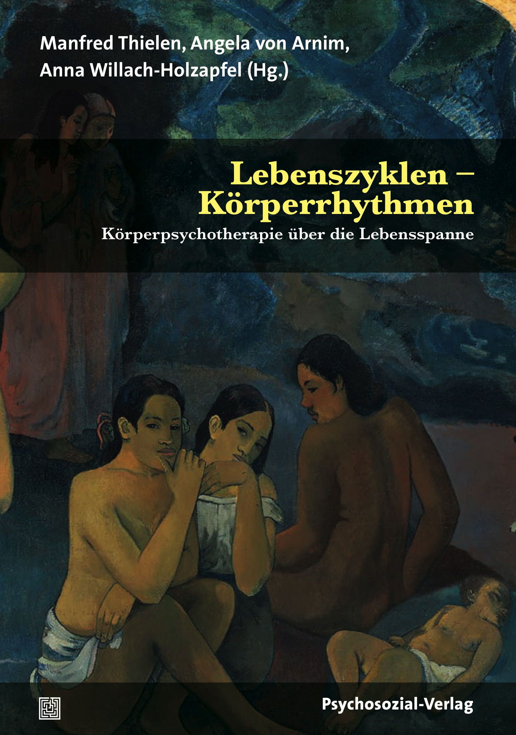 Buchcover mit Titel "Lebenszyklen – Körperrhythmen". Autorennamen und Verlag "Psychosozial-Verlag" sichtbar. Kunstwerk als Hintergrund.