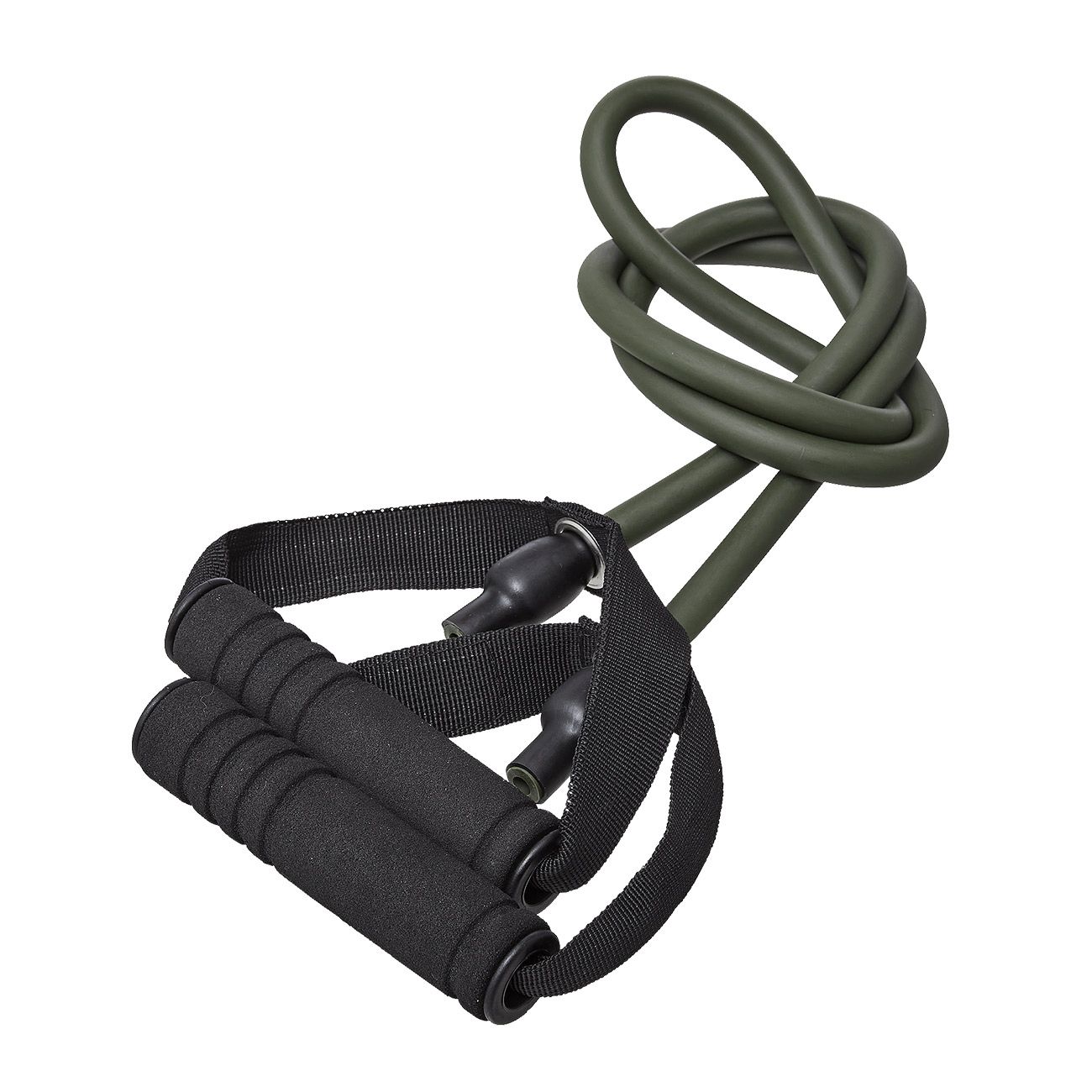Grünes Fitnessband mit schwarzen Griffen. Das Band ist geknotet. Griffe mit Schaumstoff ummantelt.