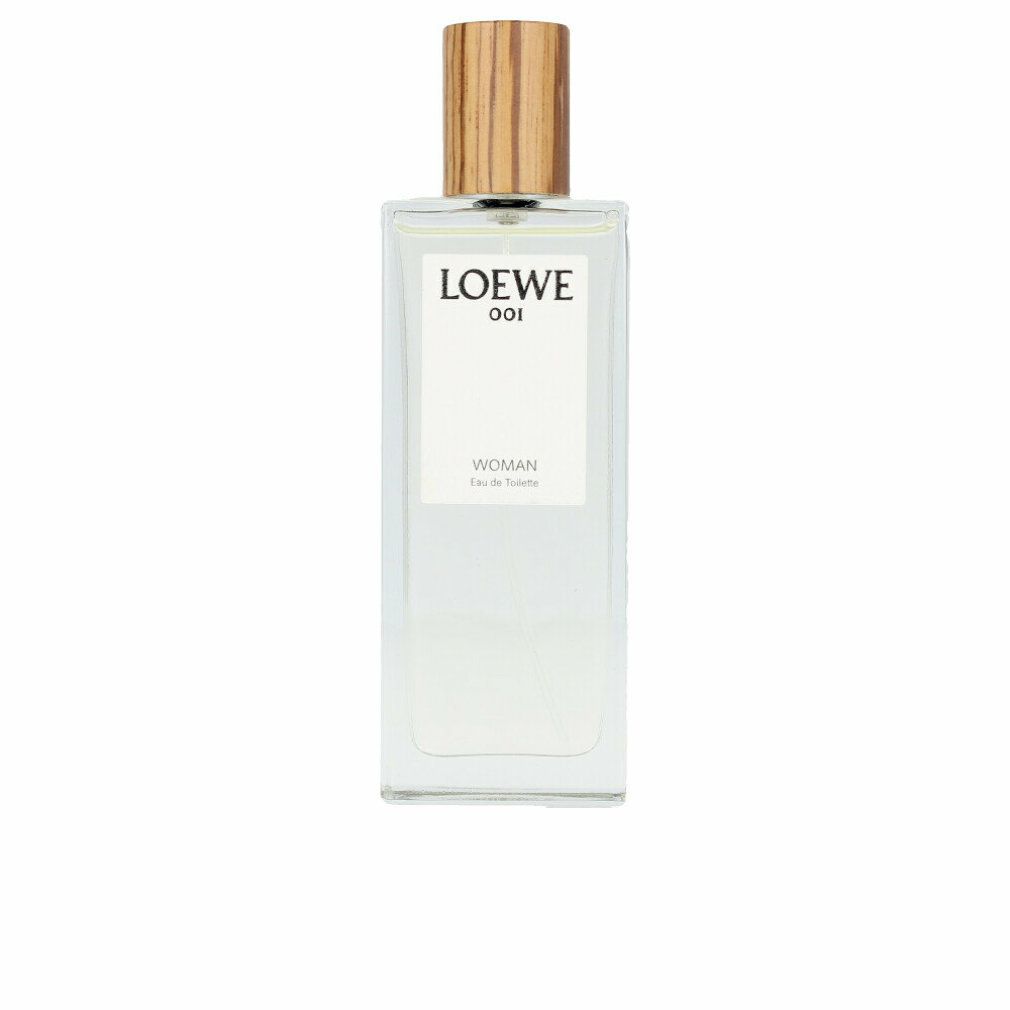 Rechteckiger Flakon mit Holzdeckel. Aufschrift: LOEWE 001 WOMAN Eau de Toilette.