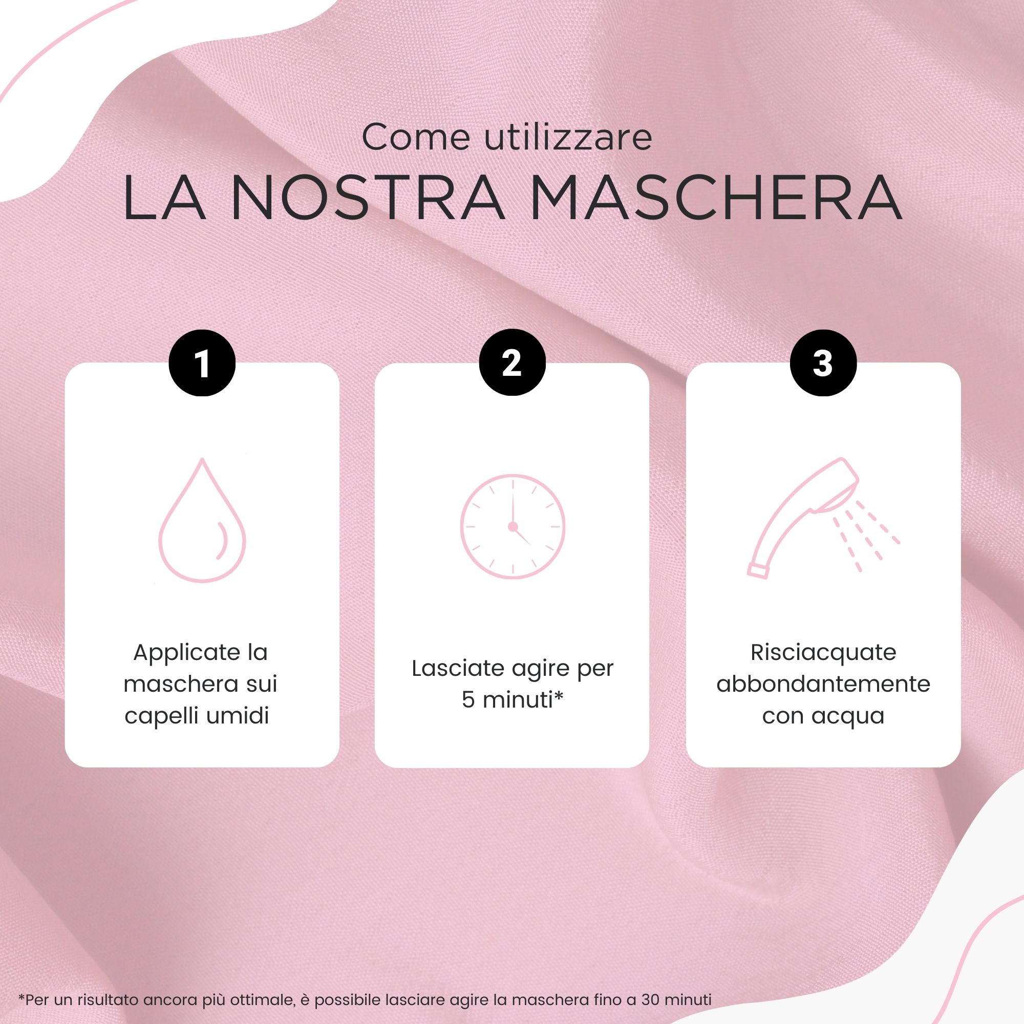 Donna con capelli lunghi e mossi. Sfondo rosa. Testo: La nostra formula è senza solfati.