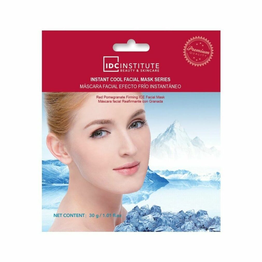 Gesichtsmaske in Verpackung. Aufdruck: IDC INSTITUTE, INSTANT COOL. Abgebildet: Frau, Eiswürfel, Berglandschaft. Text: Net Content 30g/1.01 oz.
