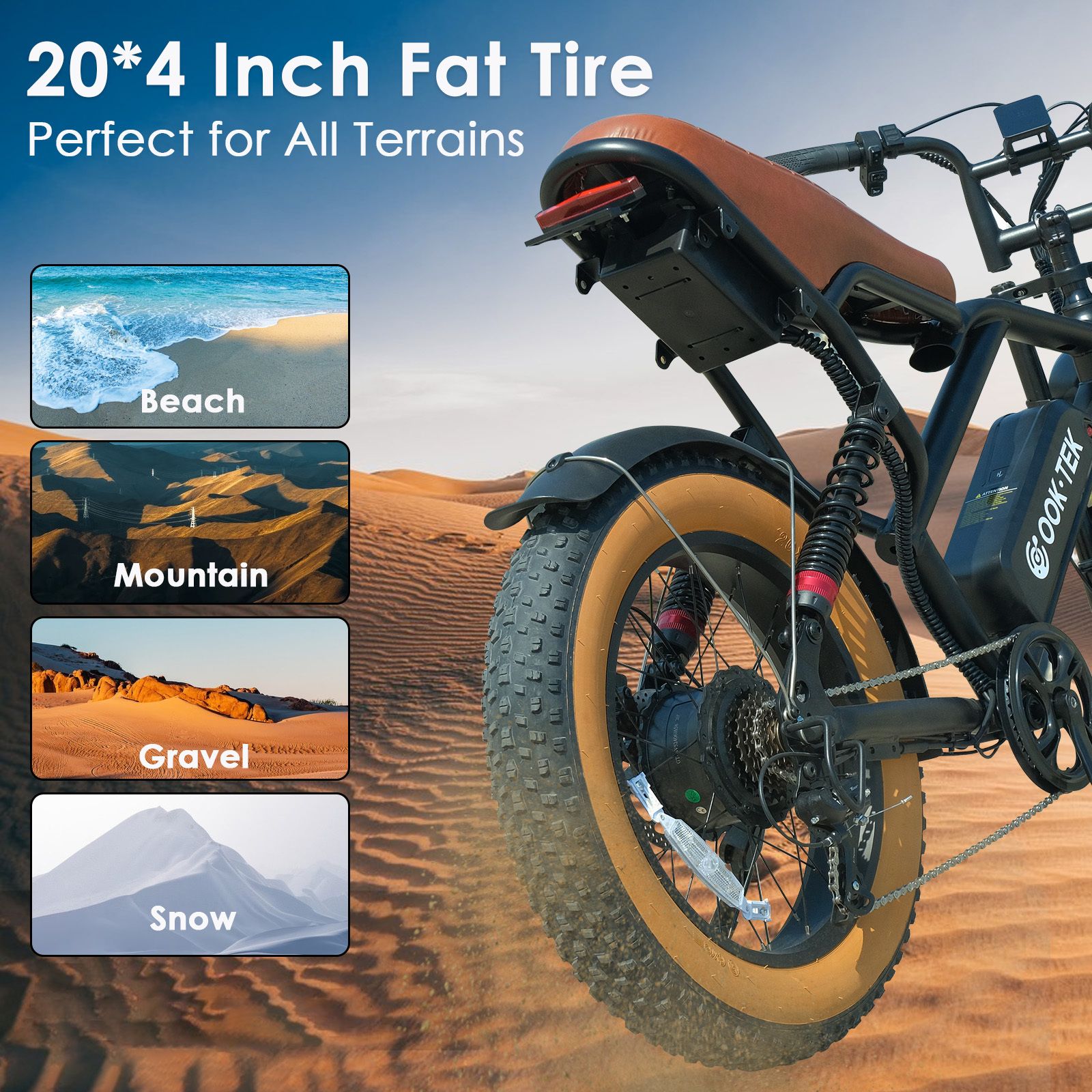 E-Bike mit breiten Reifen auf Sand. Text: 20*4 Inch Fat Tire. Szenen: Strand, Berg, Kies, Schnee.