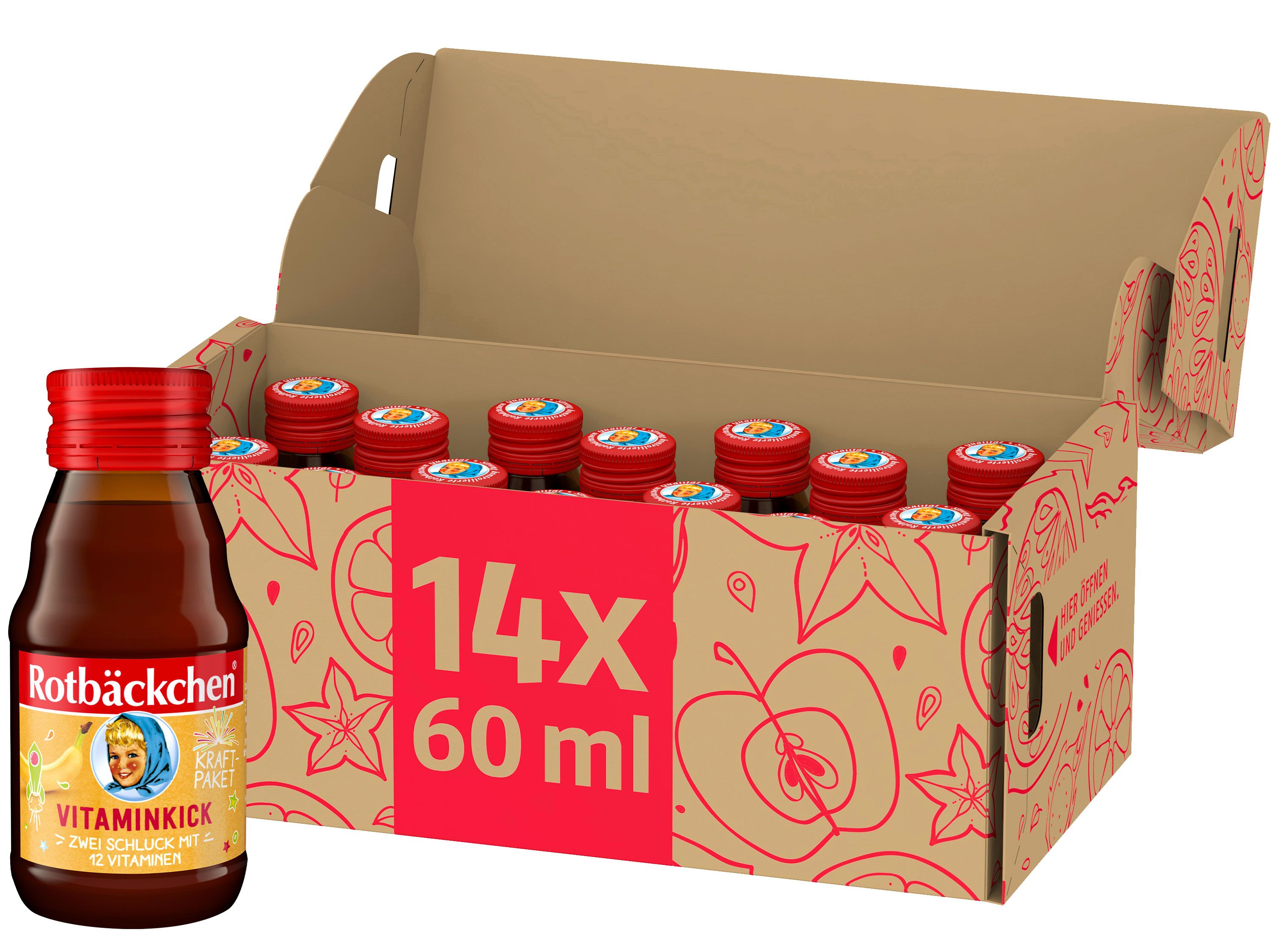 Braune Flasche mit rotem Deckel und Etikett. Daneben eine geöffnete Kartonverpackung mit weiteren Flaschen. Aufschrift: Vitaminick, 14x60 ml.