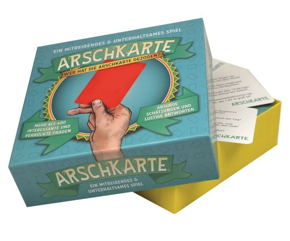 Geöffnete Spielbox "Arschkarte". Rote Karte sichtbar. Text: "Ein mitreißendes & unterhaltsames Spiel".