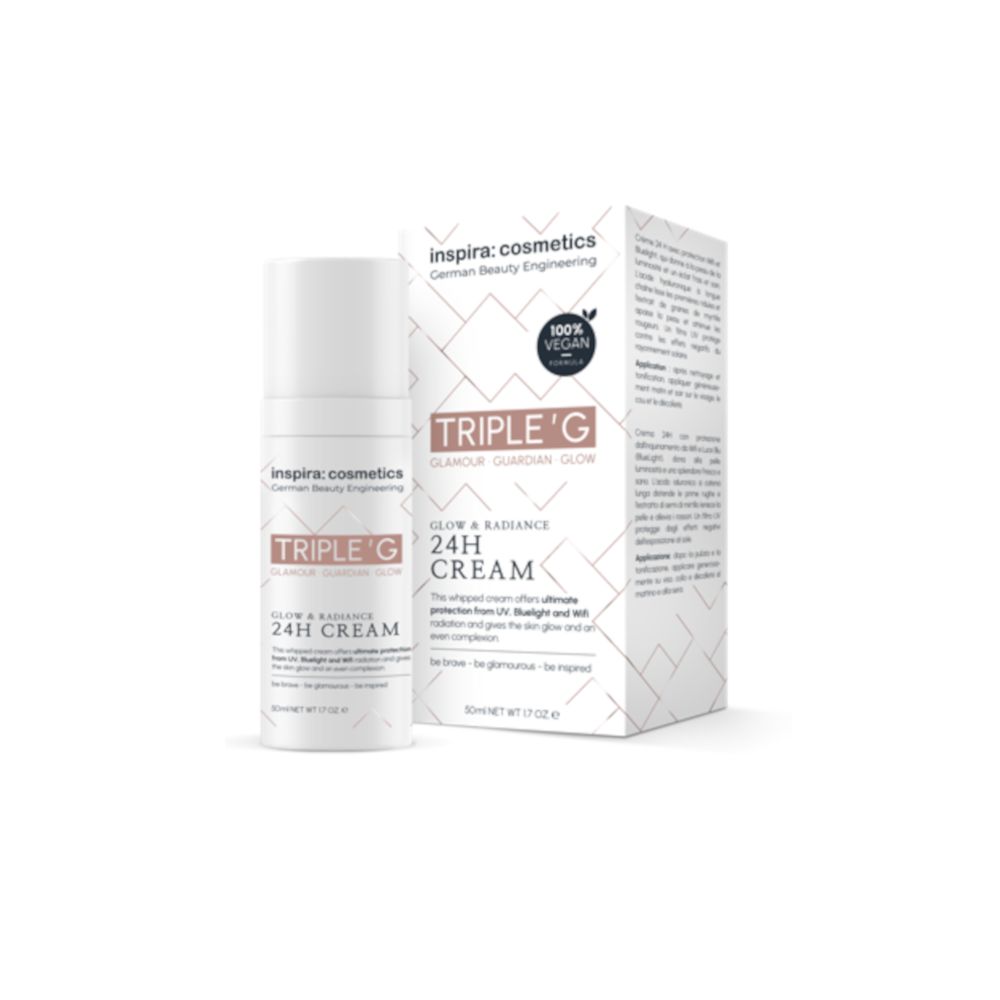 Creme-Flakon und Verpackung. Aufschrift: Triple G 24H Cream. Logo: Inspira Cosmetics. Vegan-Siegel.