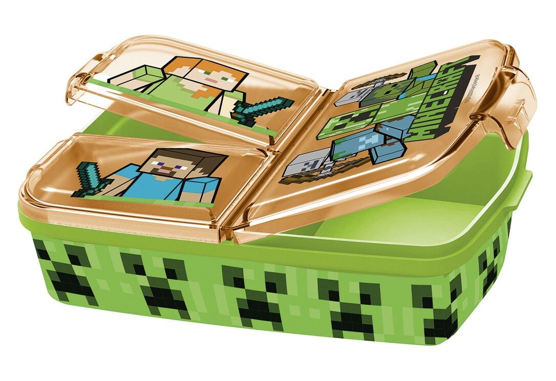 Geöffnete grüne Brotdose mit Minecraft-Motiven. Transparenter Deckel, mehrere Fächer, goldfarbener Rand, Pixel-Design.