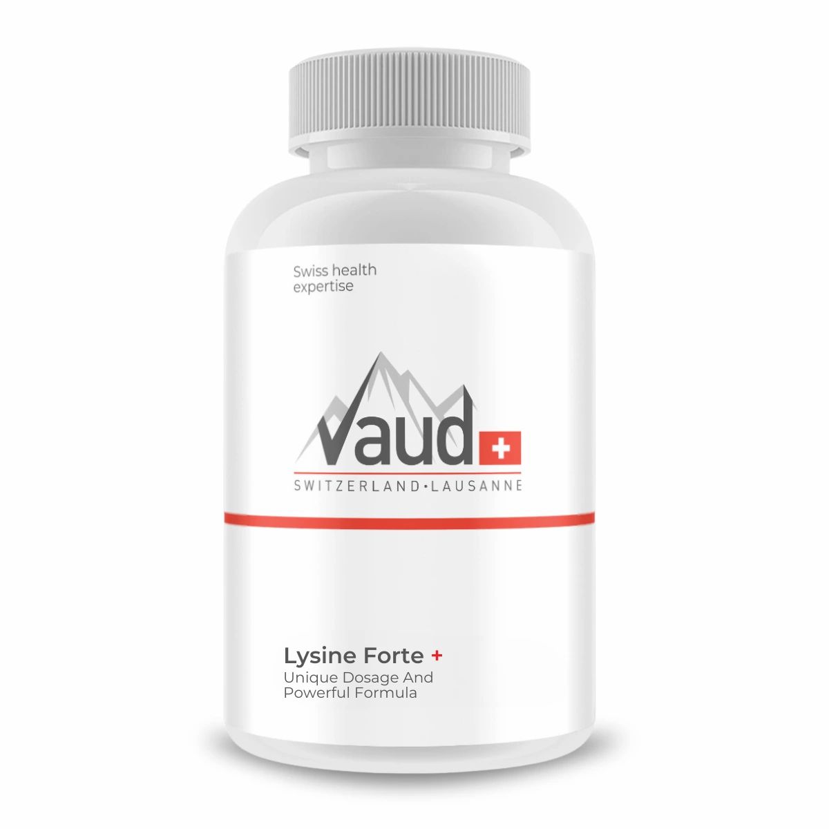 Weiße Flasche mit Schraubverschluss. Aufschrift: Vaud, Lysine Forte +. Schweizer Produkt.