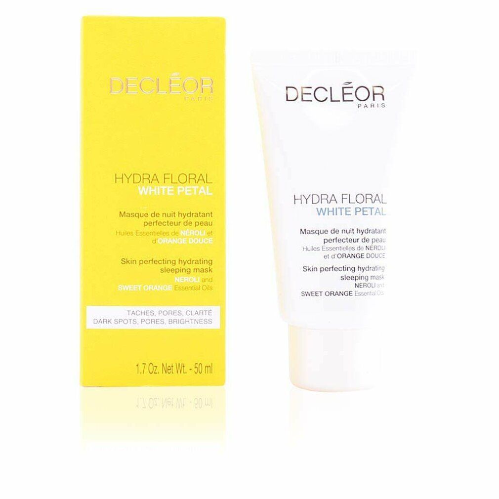 Weiße Tube und gelbe Schachtel. Aufschrift: Decleor, Hydra Floral White Petal, Sleeping Mask, Sweet Orange, 1.7 Oz Net Wt - 50 ml.