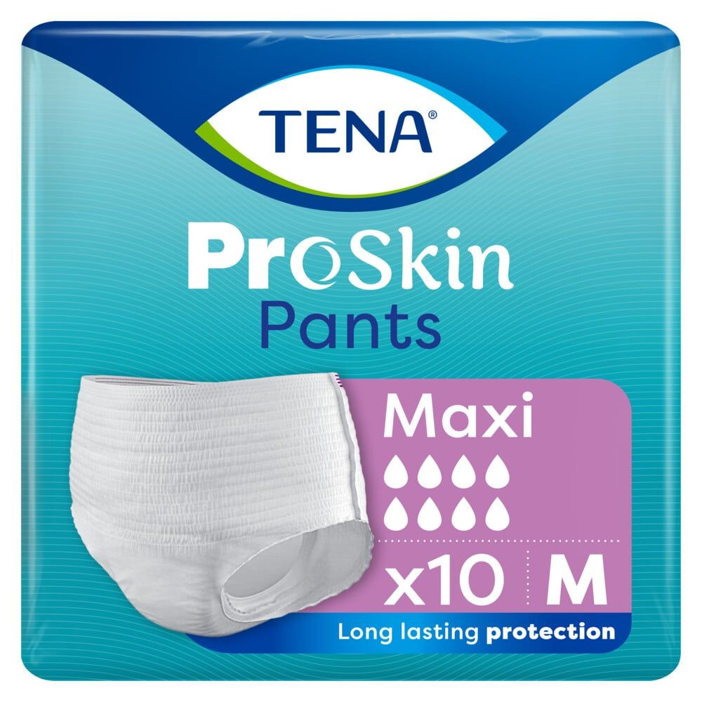 TENA Pants Maxi, 10 Stück, Größe M. Saugfähigkeit durch Tropfen angezeigt.