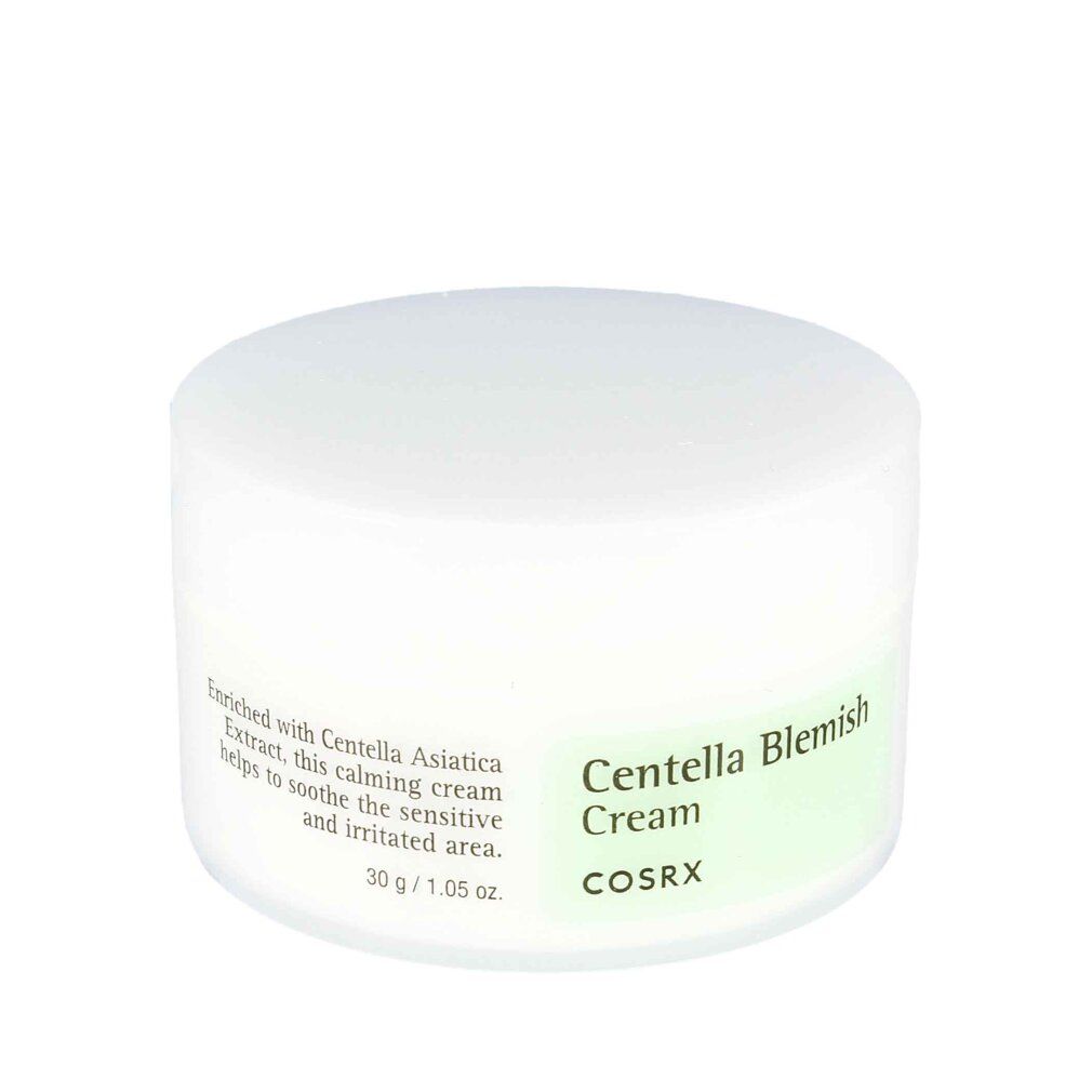 COSRX Centella Blemish Cream Tiegel, weiß mit grünem Etikett, auf weißem Grund.