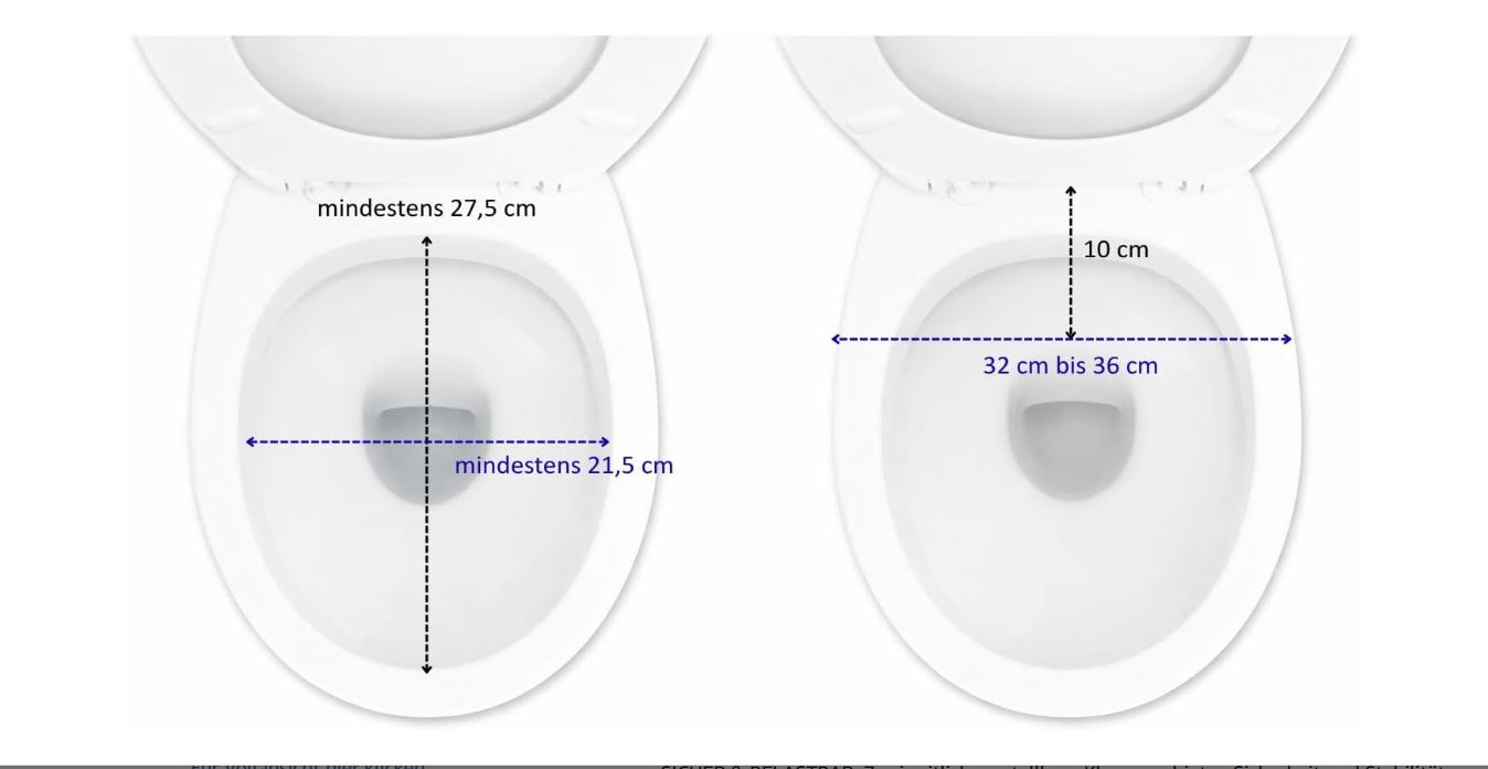 Vergleich von Toilettenschüsselgrößen. Links: Mindestmaße 27,5 x 21,5 cm. Rechts: Erhöhung 10 cm, Breite 32-36 cm.