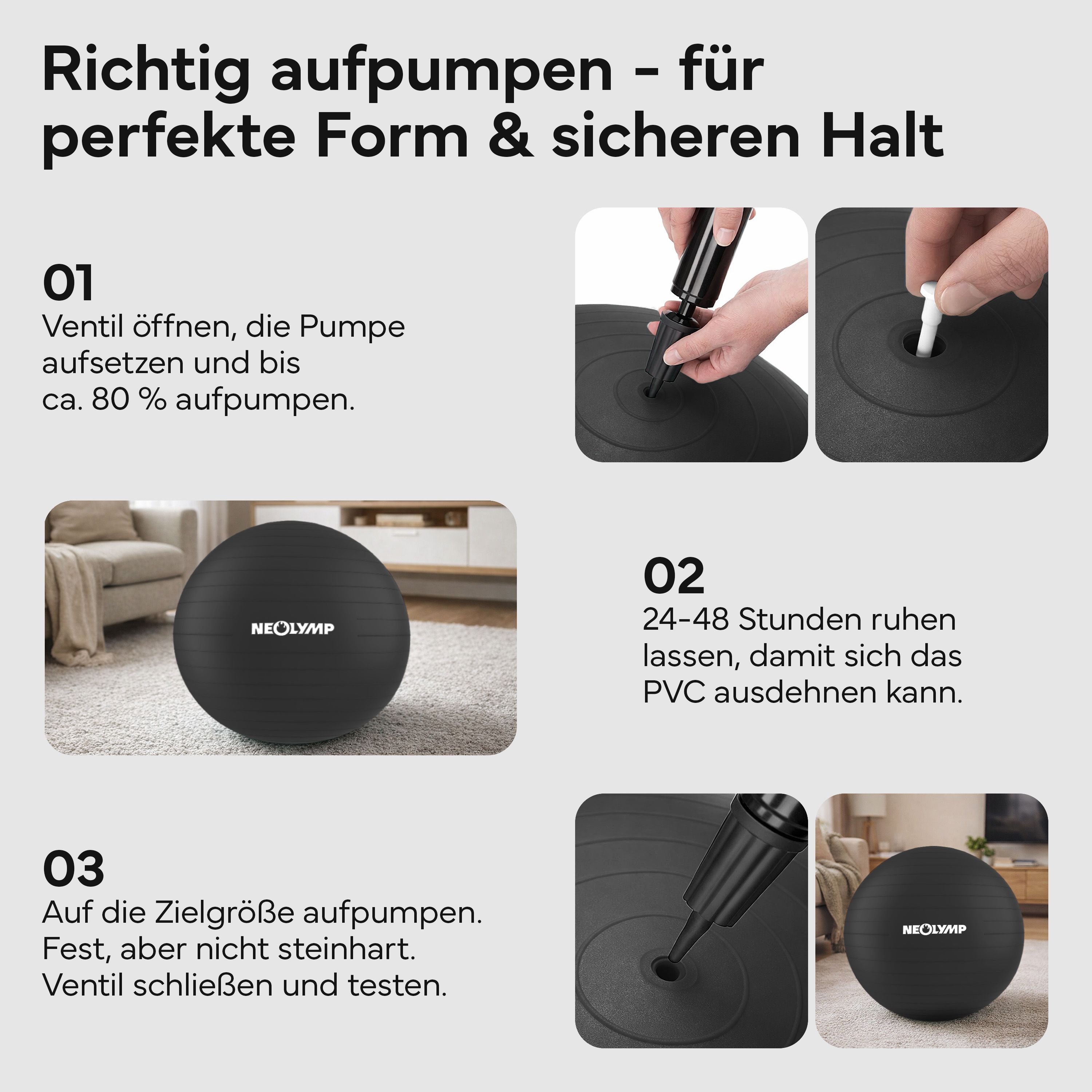 Anleitung zum Aufpumpen eines Gymnastikballs mit Pumpe und Ventilen.
