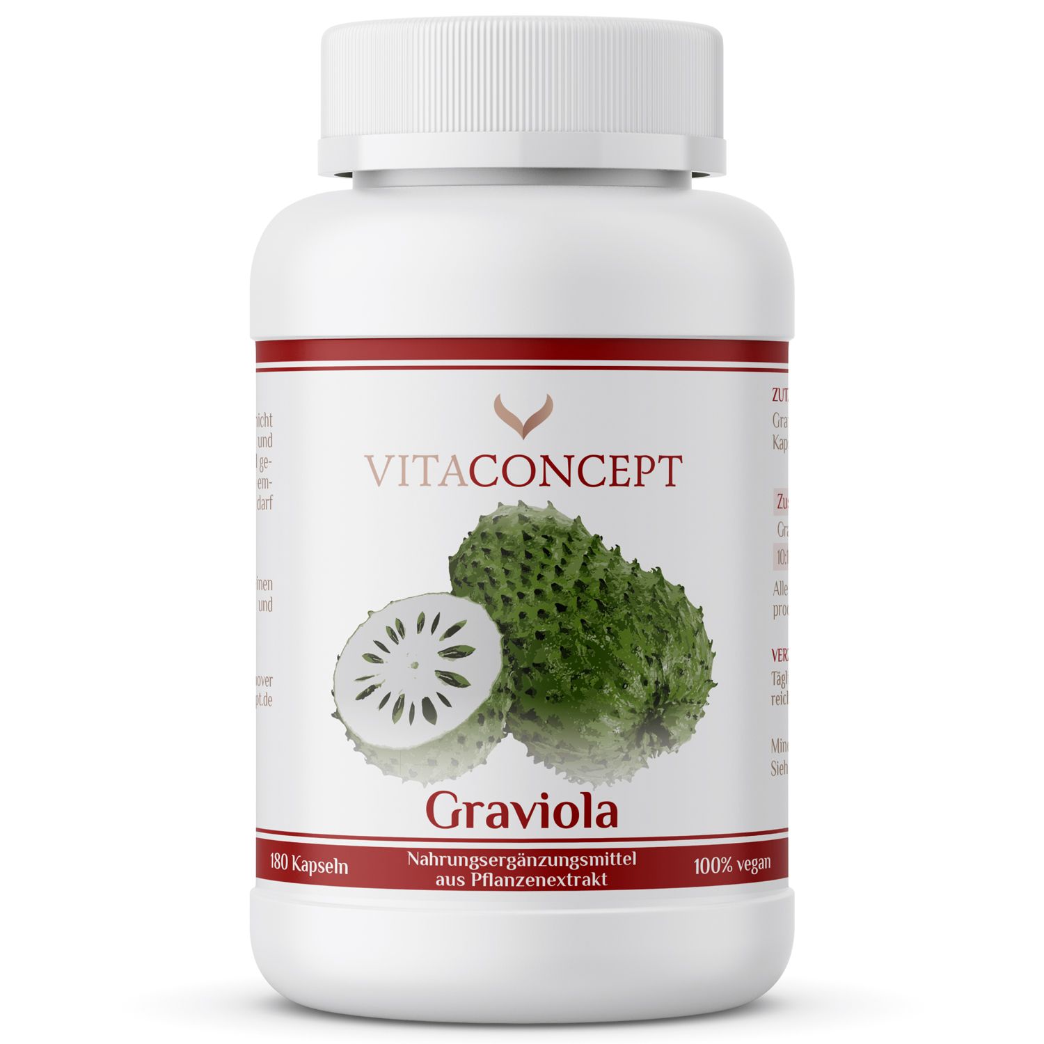 Weiße Flasche mit rotem Etikett. Aufschrift: VITACONCEPT Graviola. Abbildung der Frucht. 180 Kapseln, 100% vegan.