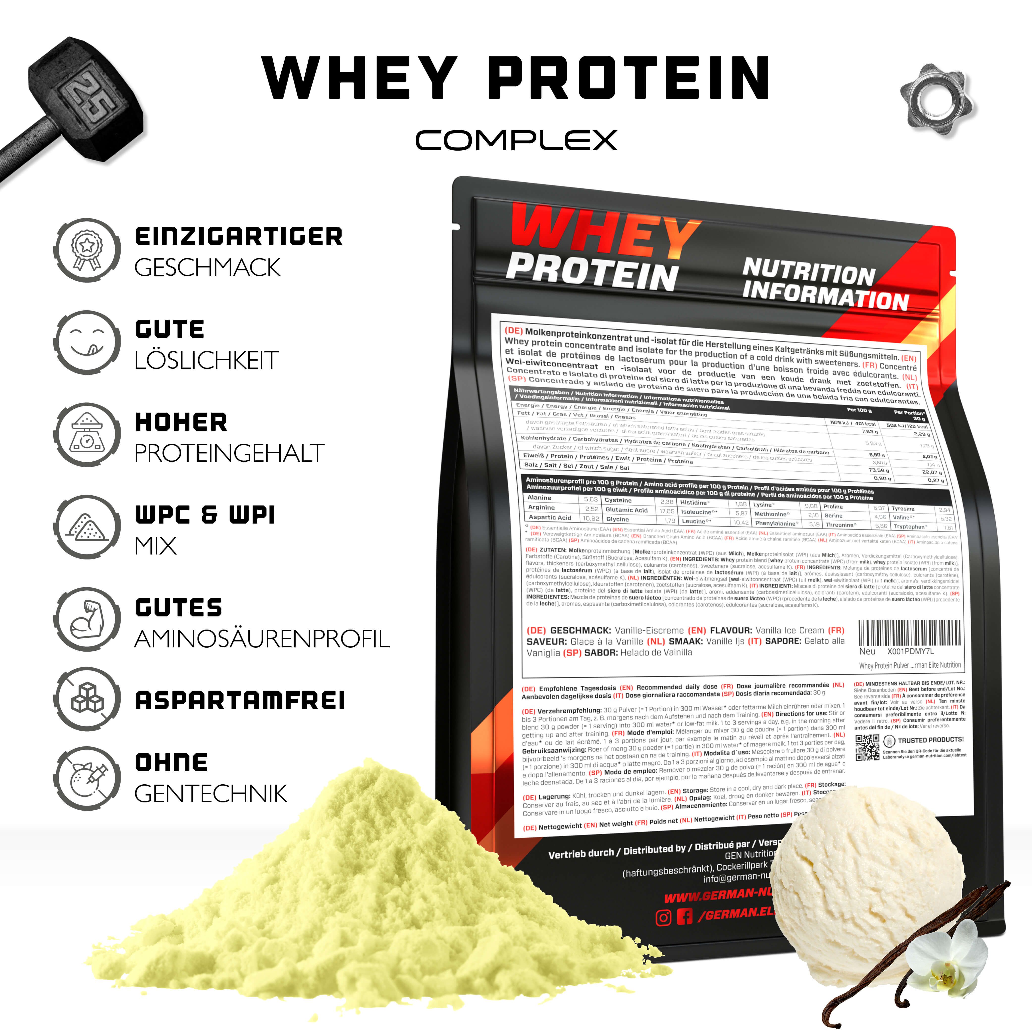 Verpackung mit Whey Protein Komplex. Auf der Rückseite Nährwertinformationen. Daneben Pulver und Eiscreme mit Vanilleschote.