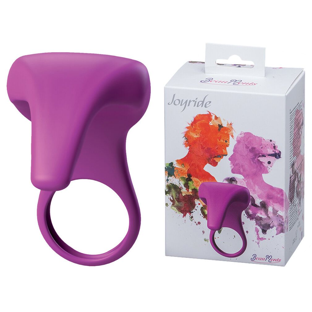 Lila Ring mit T-Form-Aufsatz. Verpackung mit Produktnamen Joyride und Logo BeauMents. Produkt neben der Verpackung.