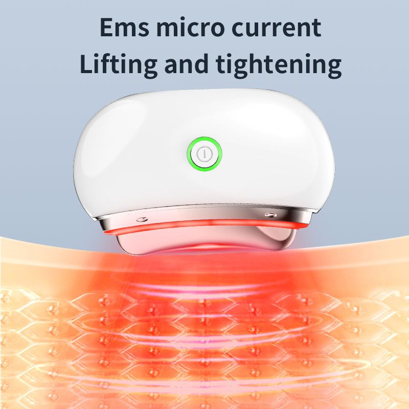 Weißes LED Gua Sha Gesichtslifting-Therapiegerät mit silberner Umrandung, grünem Einschaltknopf und rotem Licht.