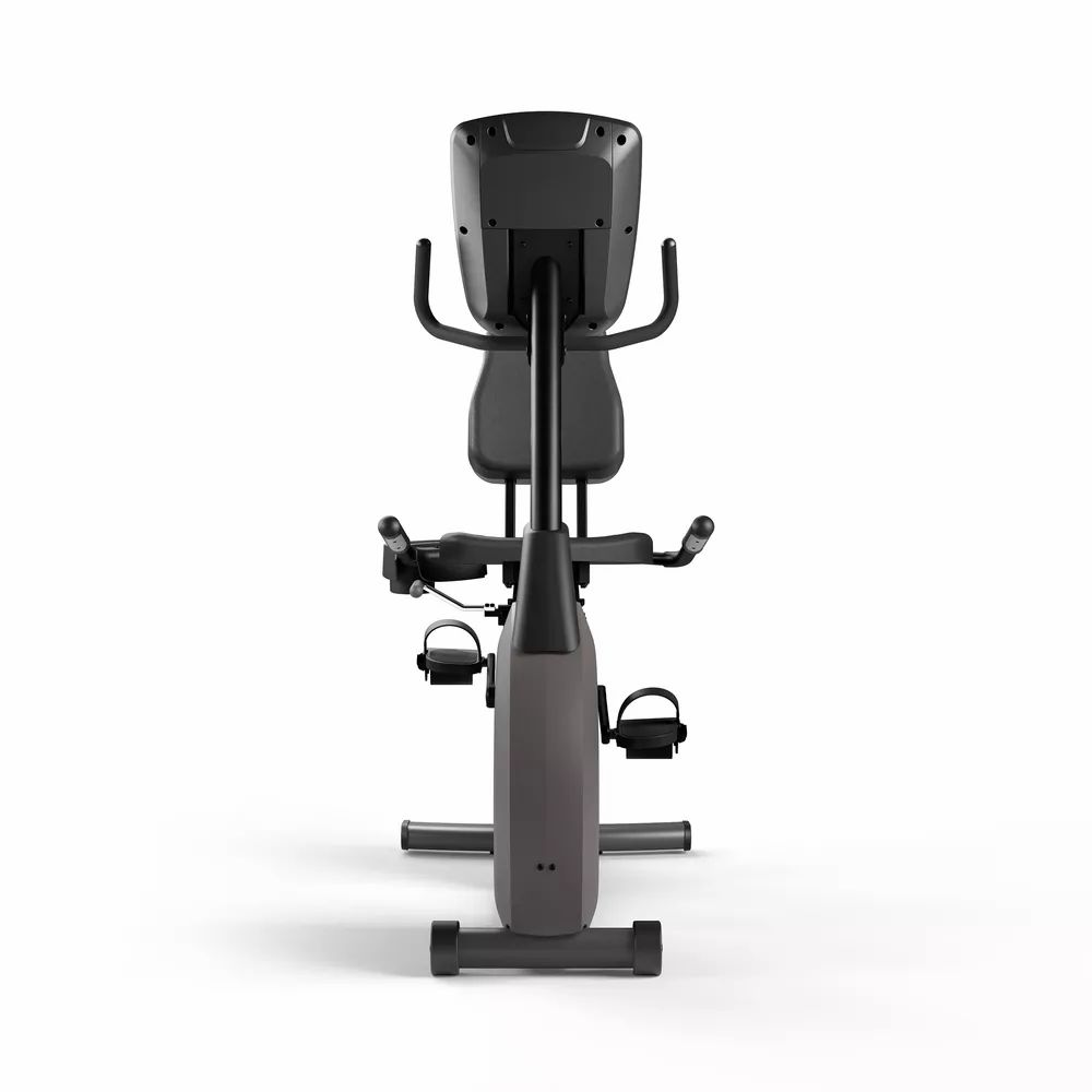 Vision Fitness R60. Rückansicht des Ergometers. Sitz, Rückenlehne und Pedale sind sichtbar. Graue Farbe.
