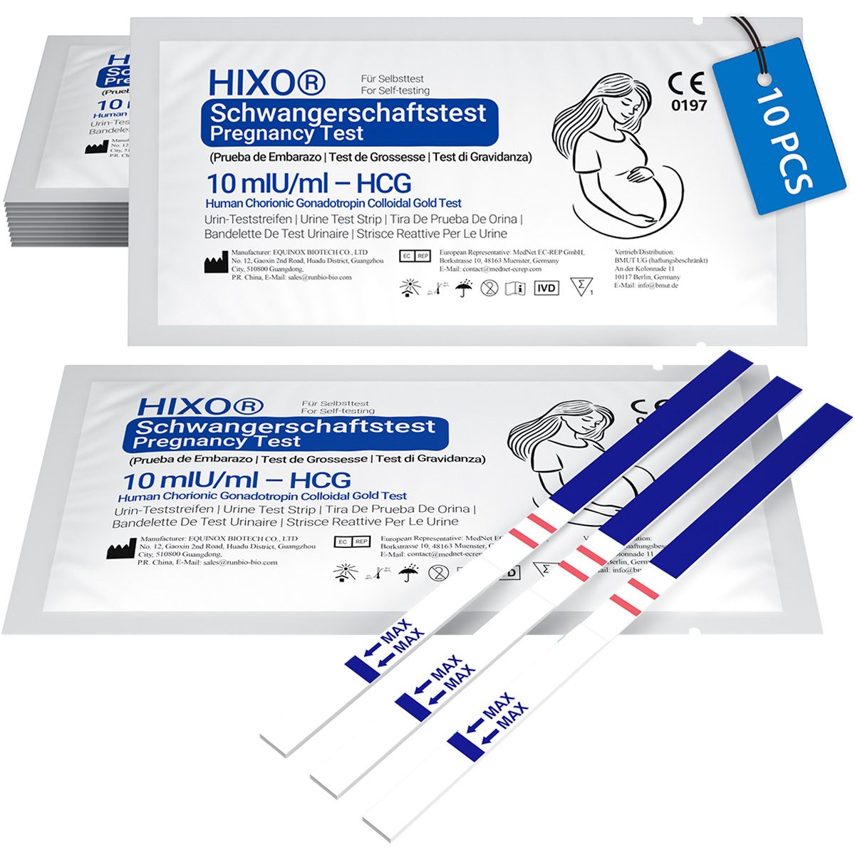Packungen mit Schwangerschaftstests. Einzelne Teststreifen mit blauen Griffen. Aufdrucke: HIXO, 10 mIU/ml HCG, CE-Kennzeichnung.