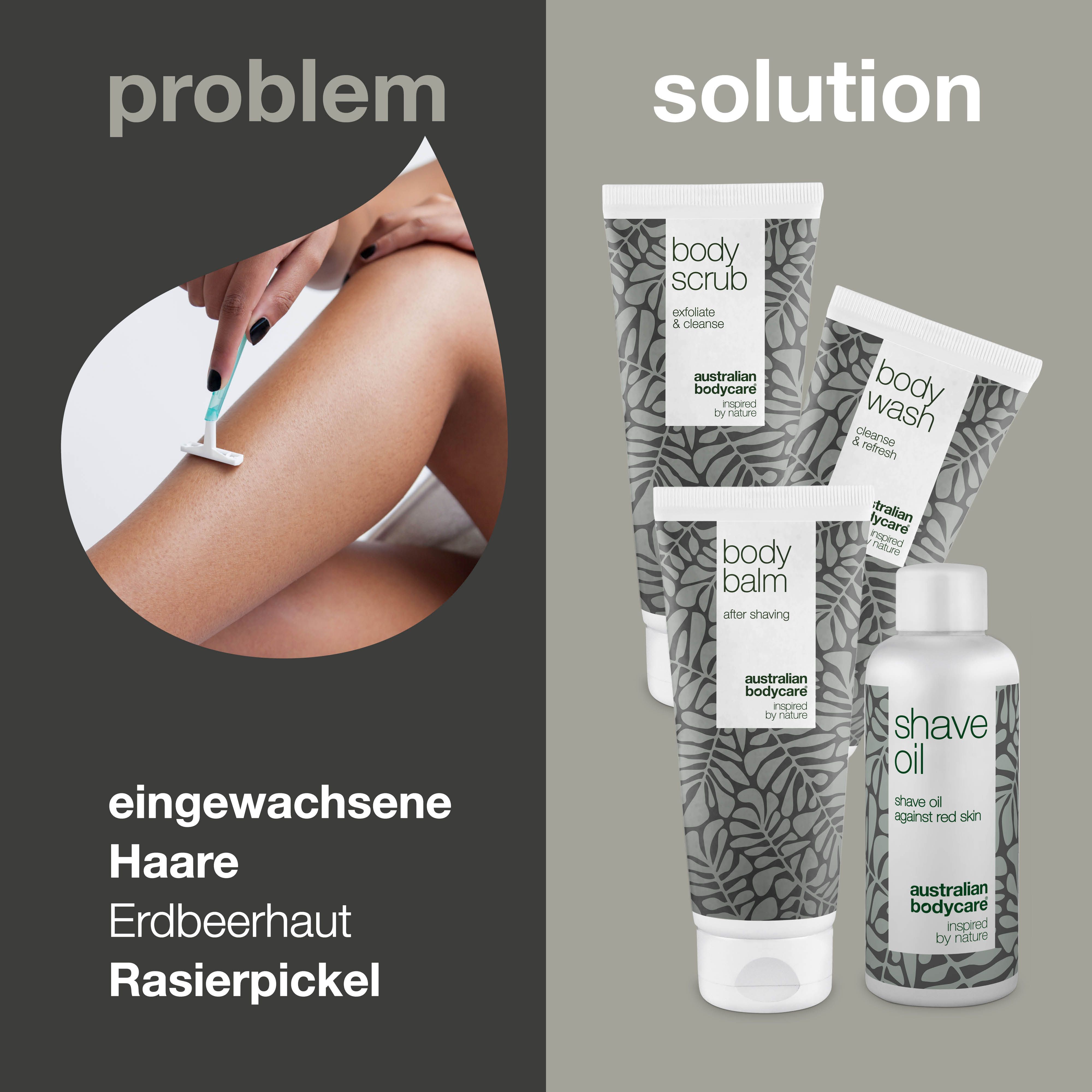 Bein mit Rasierer. Produkte: Body Scrub, Body Wash, Body Balm und Shave Oil. Text: eingewachsene Haare, Erdbeerhaut, Rasierpickel.