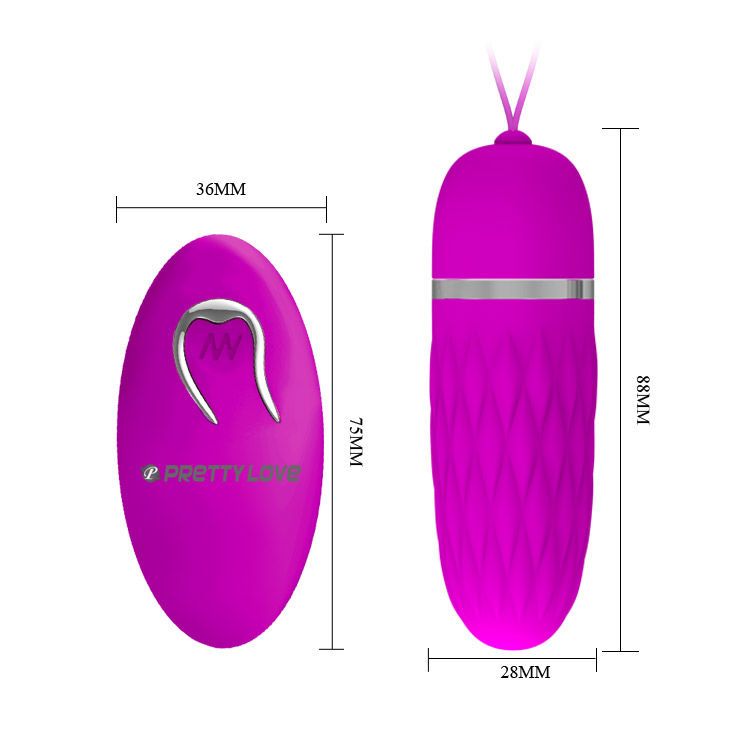Pinkfarbener Vibrator und Fernbedienung mit Maßen. Der Vibrator hat eine geriffelte Oberfläche und einen silbernen Ring. Die Fernbedienung hat ein Logo.
