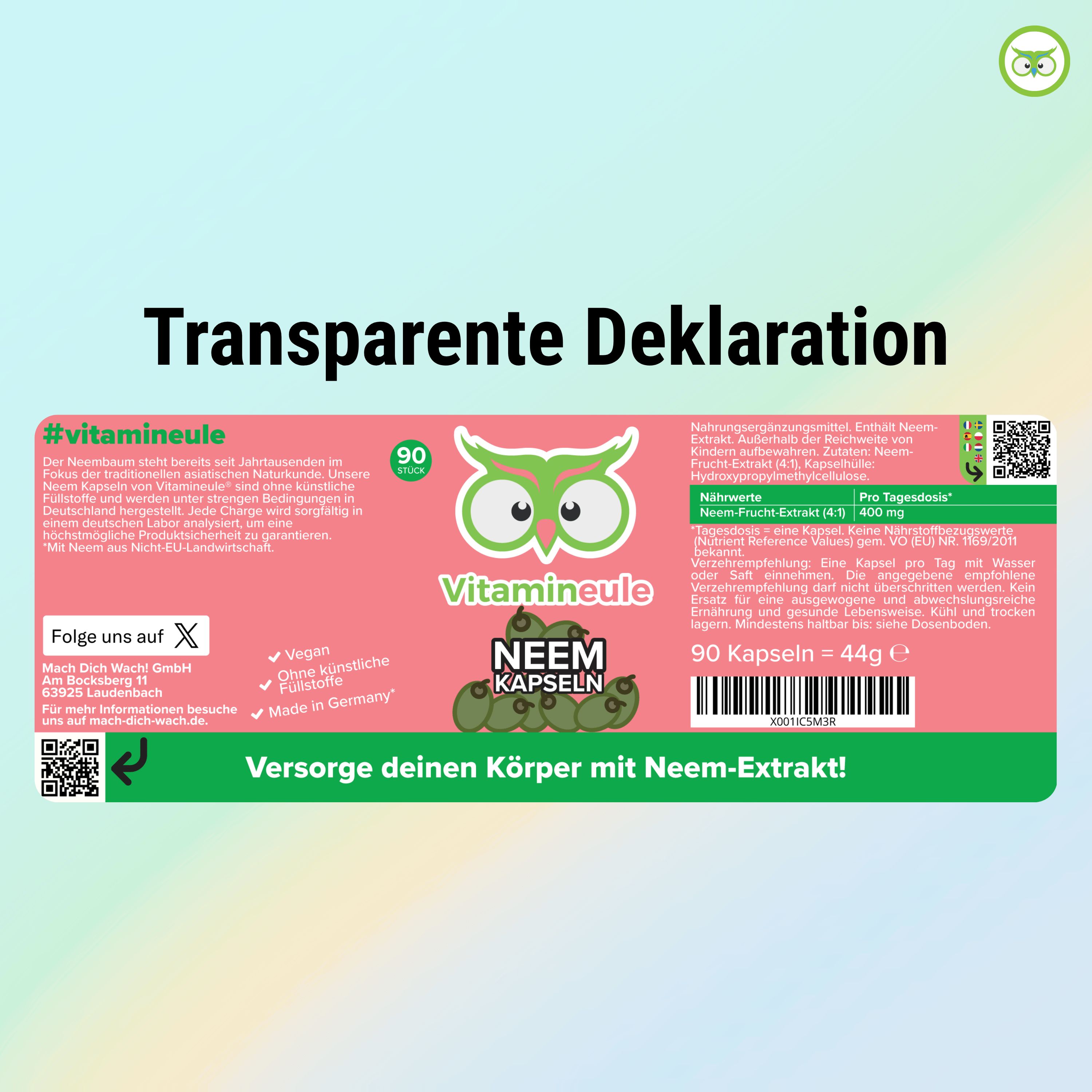 Rosa Etikett mit Produktinformationen. Enthält: 90 Kapseln, Neem-Extrakt, Nährwerte. Text: Versorge deinen Körper mit Neem-Extrakt!