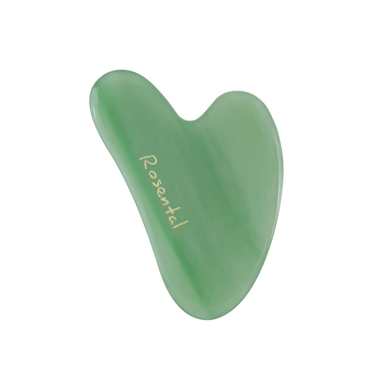 Grüner Gua Sha aus Aventurin. Herzförmig mit abgerundeten Kanten. Rosental-Logo.
