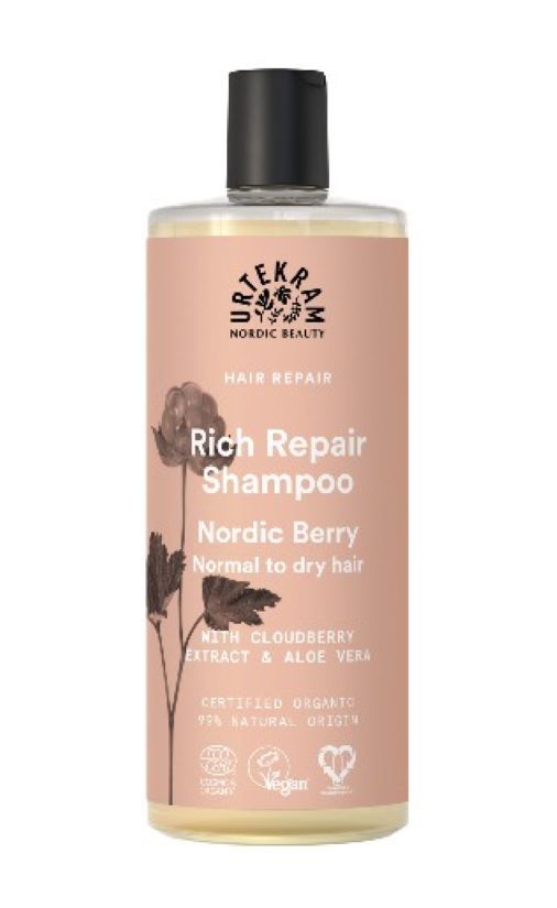 Urtekram Rich Repair Shampoo Flasche mit nordischer Beere für normales bis trockenes Haar. 98% natürliche Inhaltsstoffe.