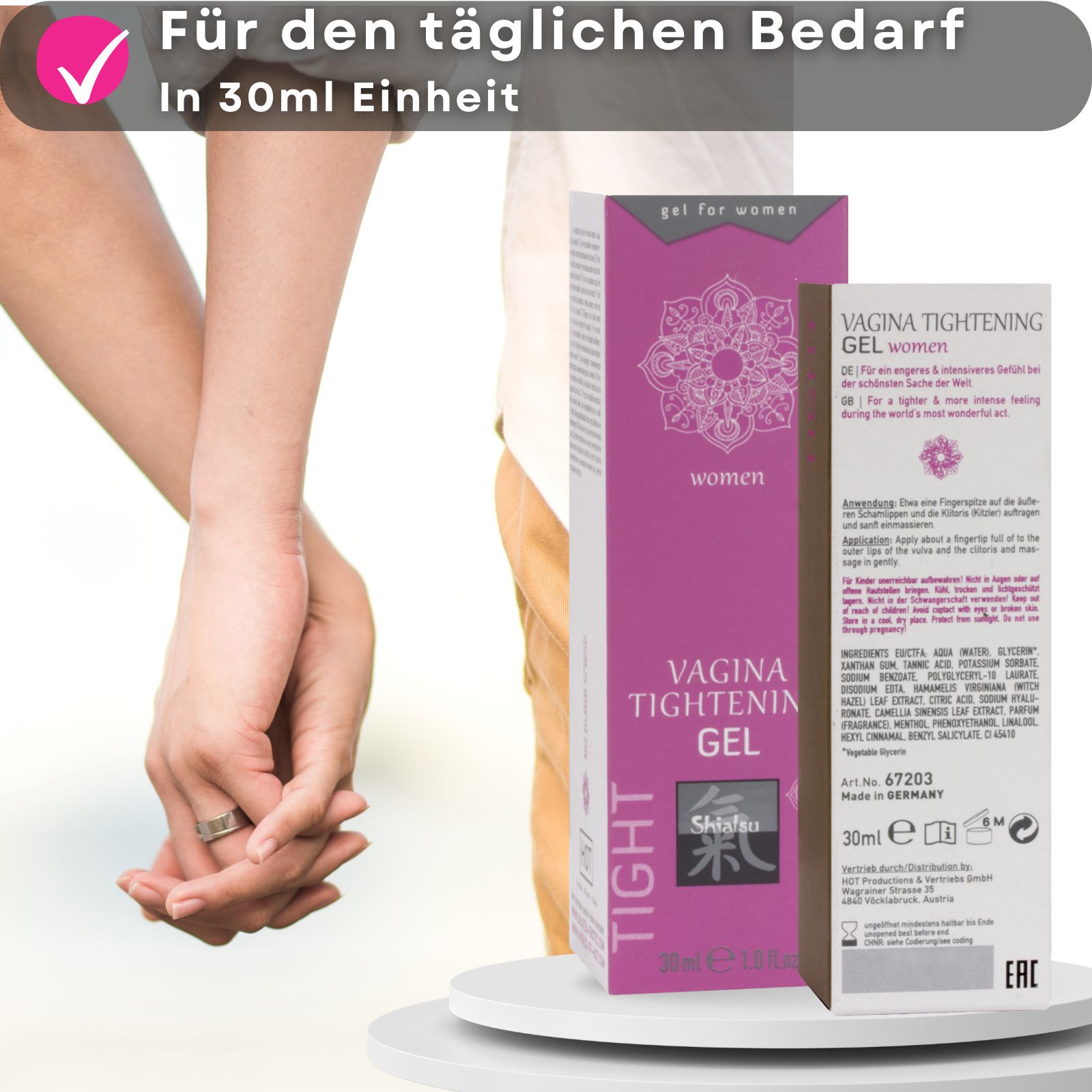 Rosa Tube und Text. Aufschrift: Vagina Tightening Gel. Abgebildet: Paar. Vorteile.
