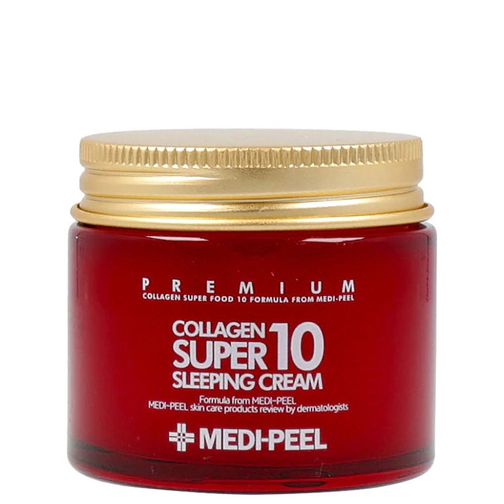 Rote Glascremetiegel mit goldenem Deckel, beschriftet mit 'Medi-Peel Collagen Super 10 Sleeping Cream'.