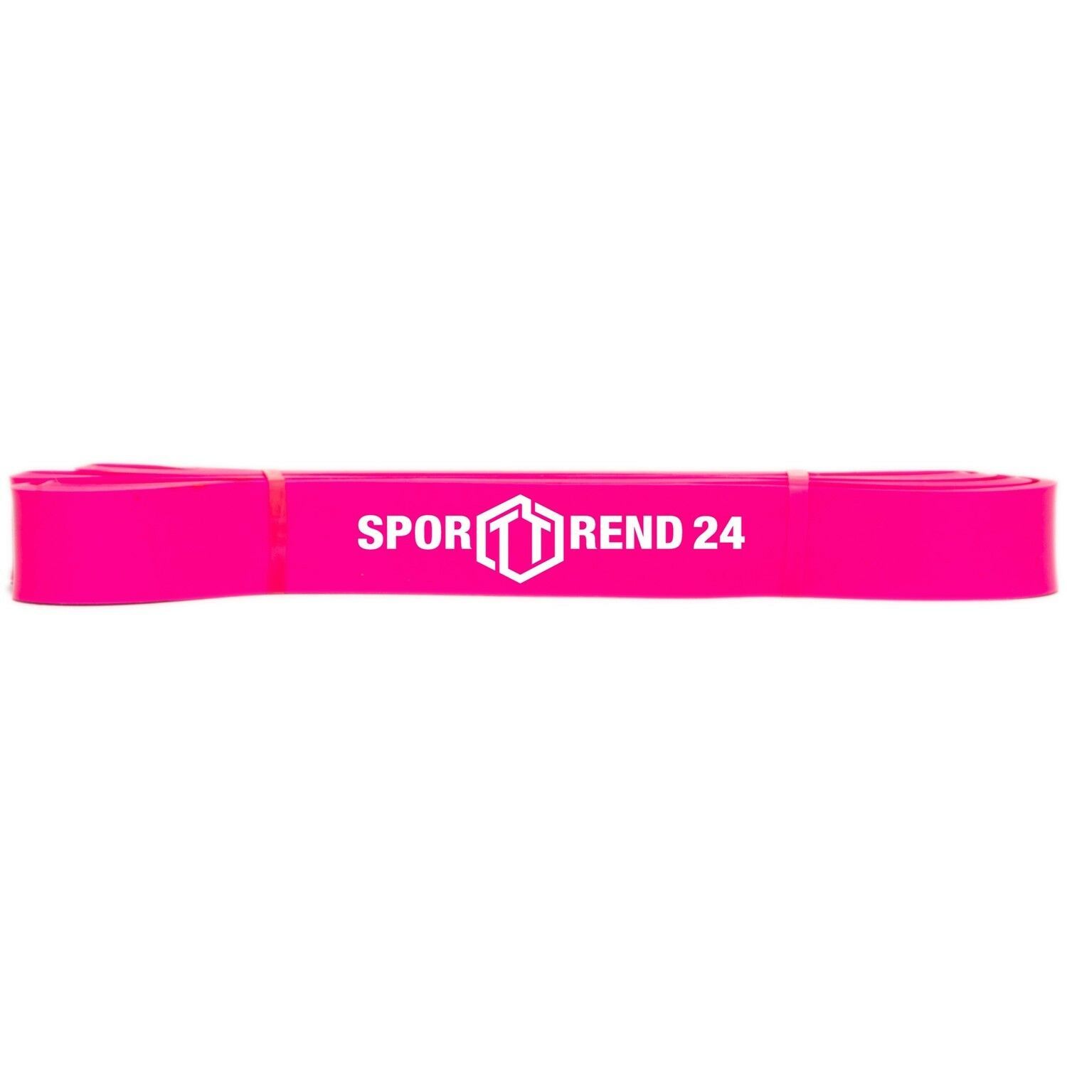Rosa Fitnessband mit weißem Logo Sporttrend 24. Einzeln, flach.