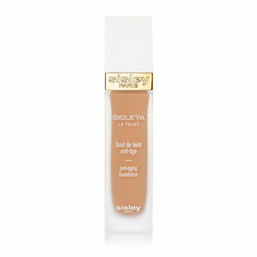 Sisley Sisleya Le Teint Foundation. Rechteckige Flasche mit weißem Deckel. Goldener Schriftzug. Aufschrift: Anti-Aging Foundation.