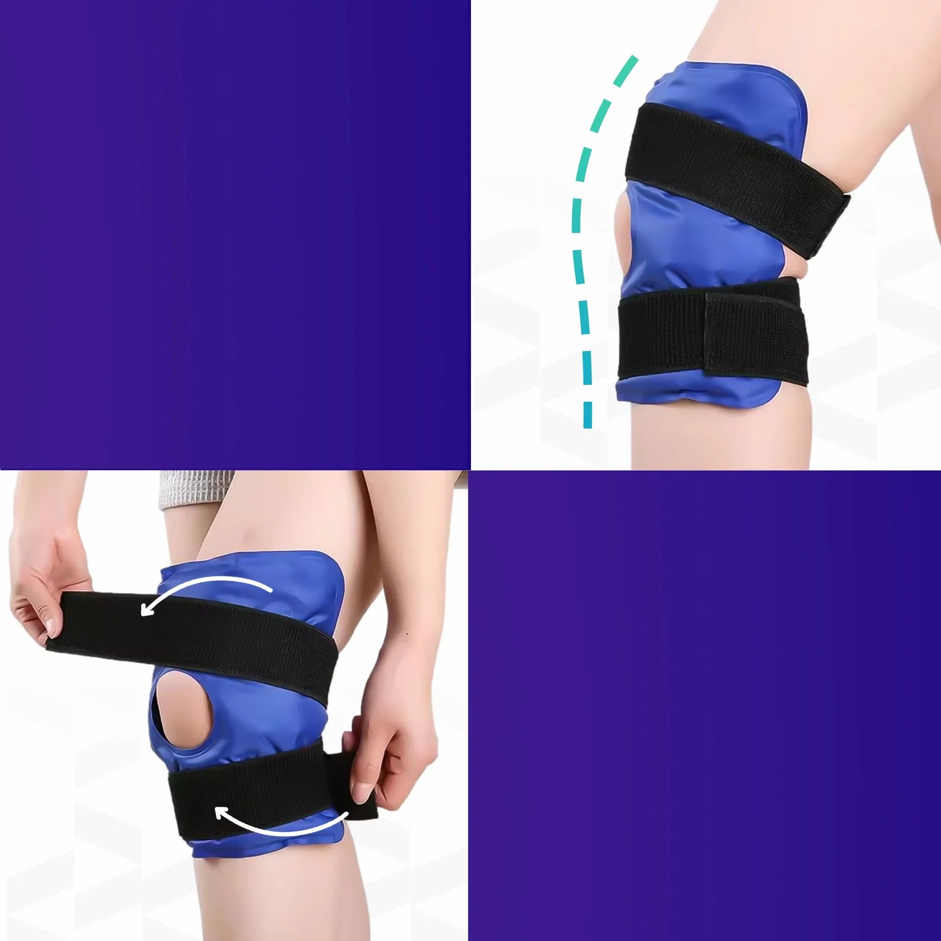 Vier geteilte Bilder. Oben rechts: Kniebandage am Knie. Unten: Anlegen der Bandage.