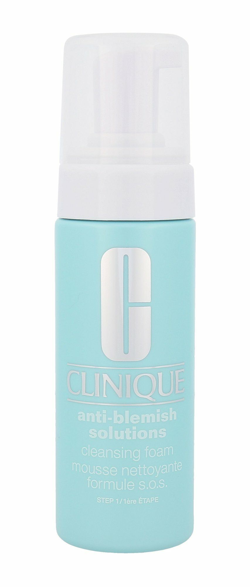 CLINIQUE Anti-Blemish Solutions Reinigungsschaum. Hellgrüne Flasche mit weißem Pumpkopf. Silberfarbenes Logo.