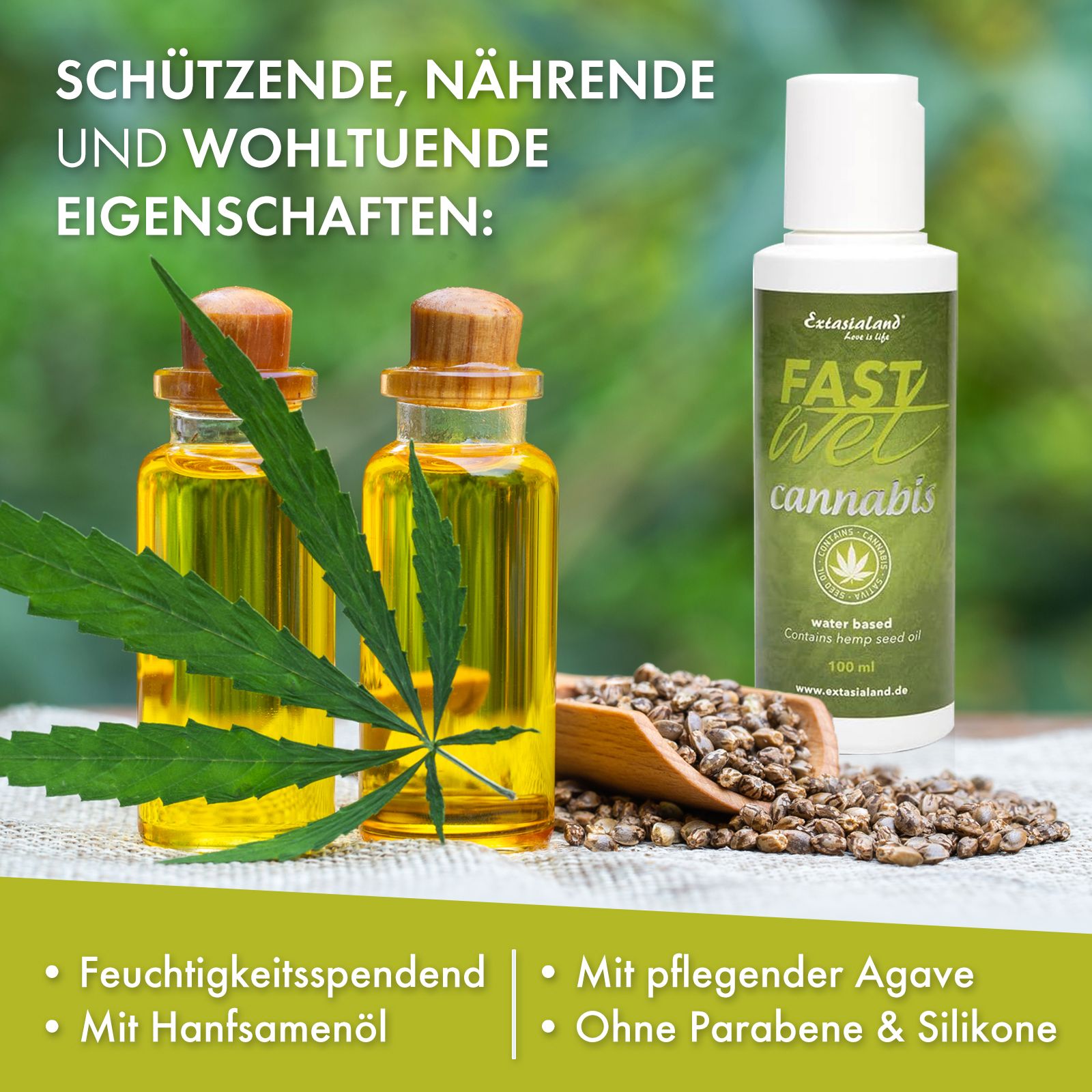 Produktflasche: Fast Wet Cannabis. Vergleich mit anderem Produkt. Text.