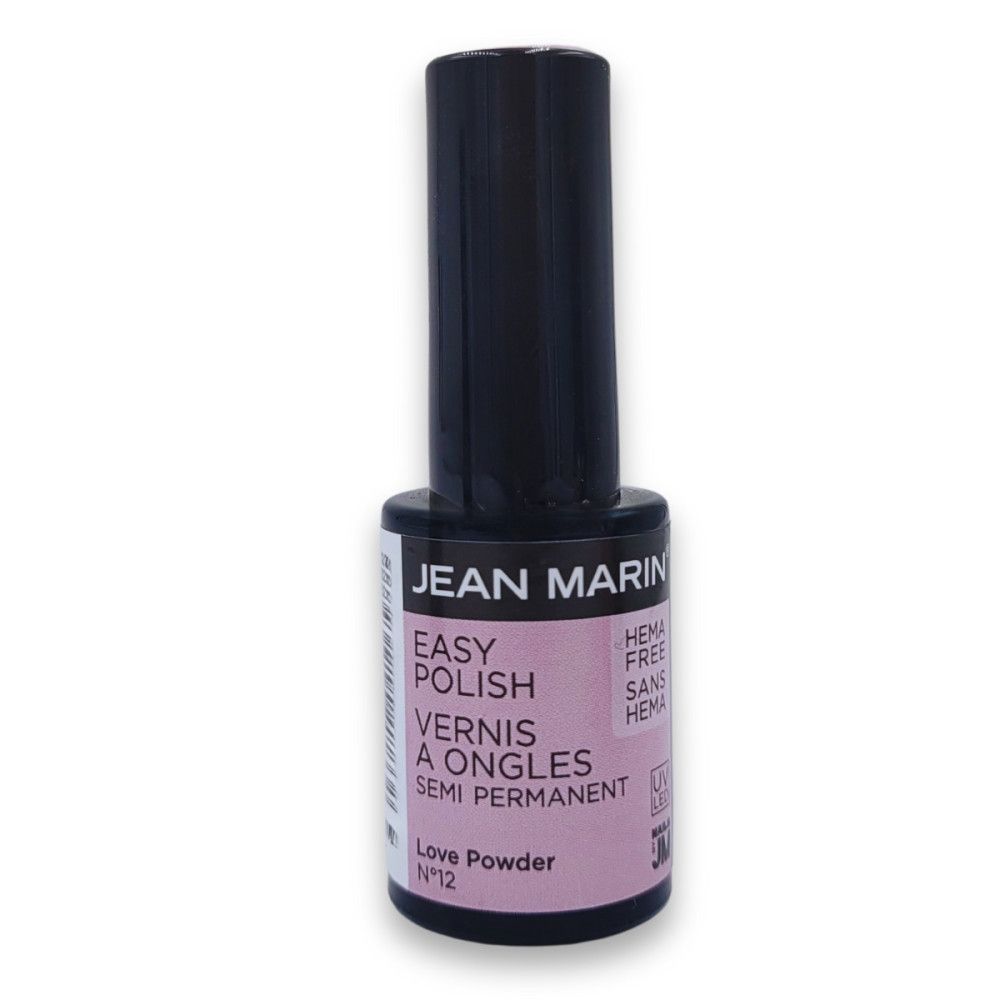 Nagellackflasche mit schwarzem Deckel. Aufschrift: JEAN MARIN, EASY POLISH, VERNIS A ONGLES, SEMI PERMANENT. Farbe: Love Powder.