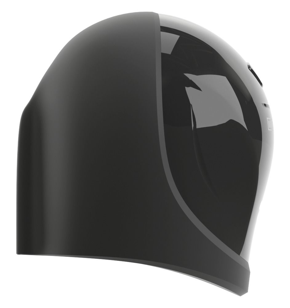 Schwarzes Gerät, Seitenansicht. Glänzende Oberfläche, abgerundete Form.