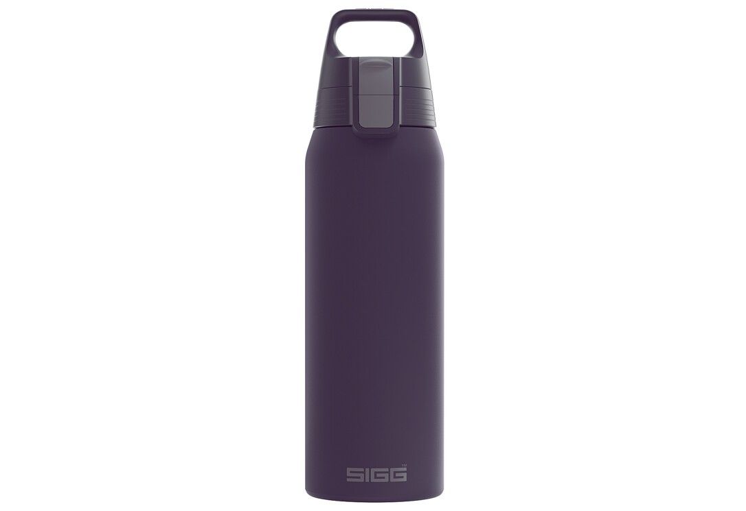 Isolierflasche, dunkelviolett. Mit Tragegriff und Verschluss. SIGG-Logo unten.